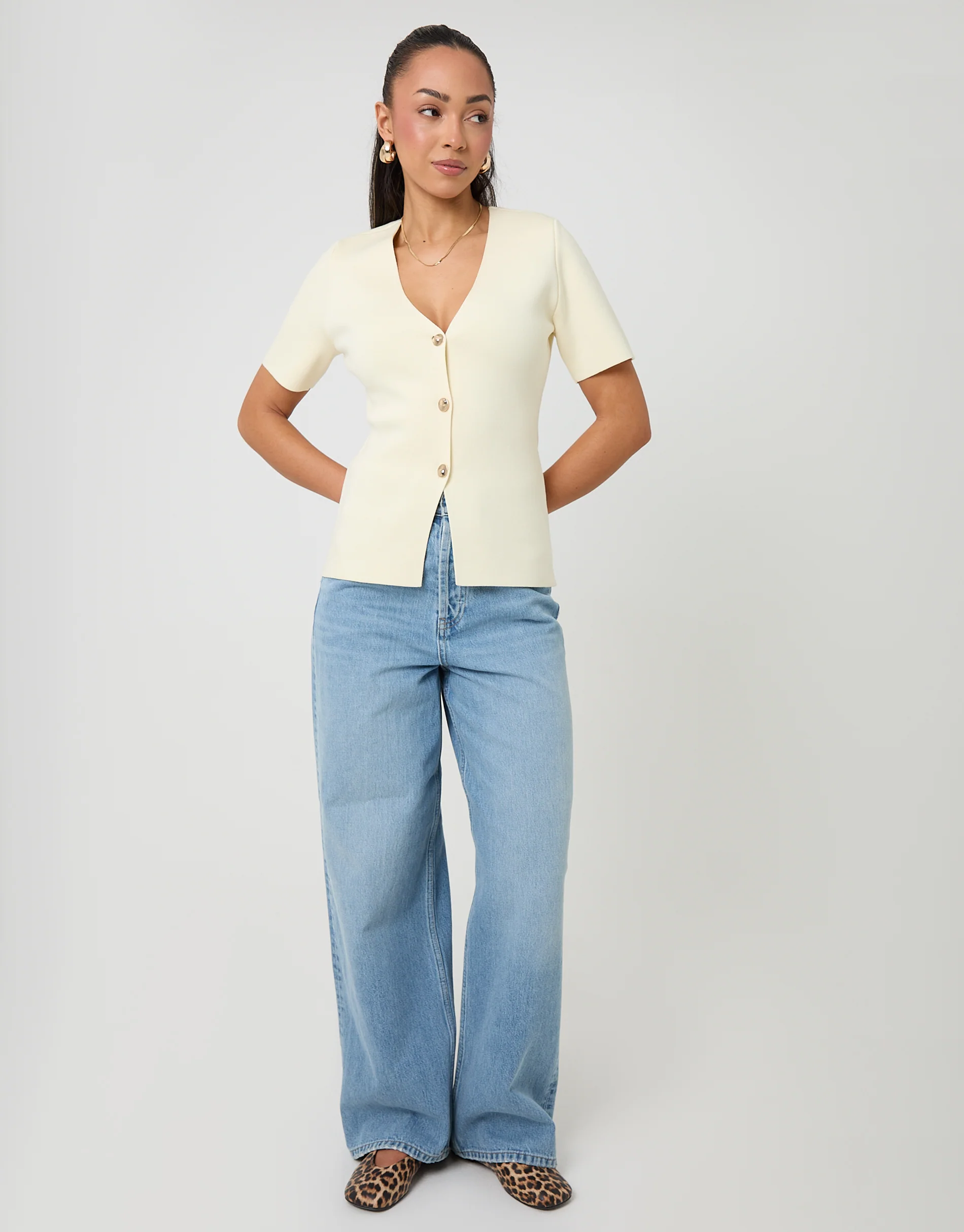 V-Neck Compact Knitted Top in Lemon Yellow - Image 3