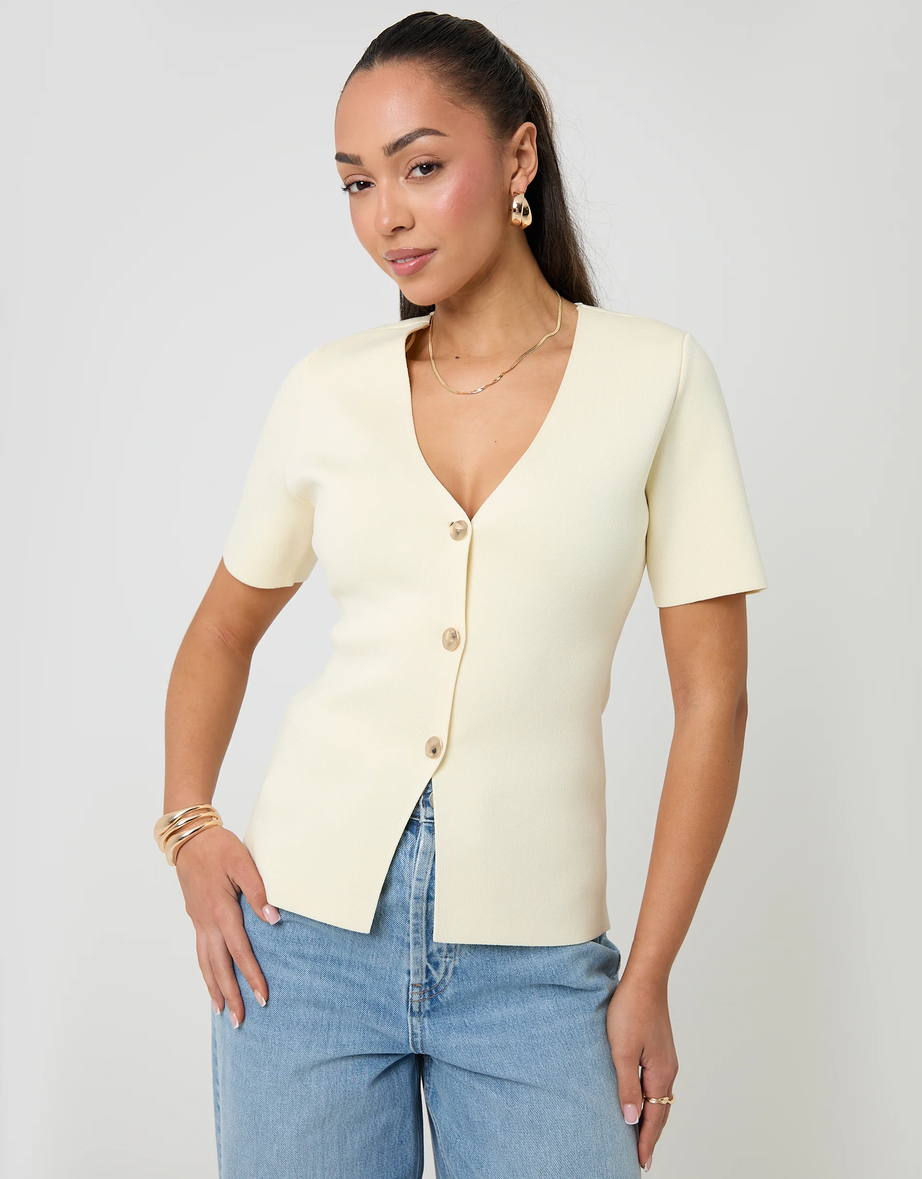 V-Neck Compact Knitted Top in Lemon Yellow - Image 6