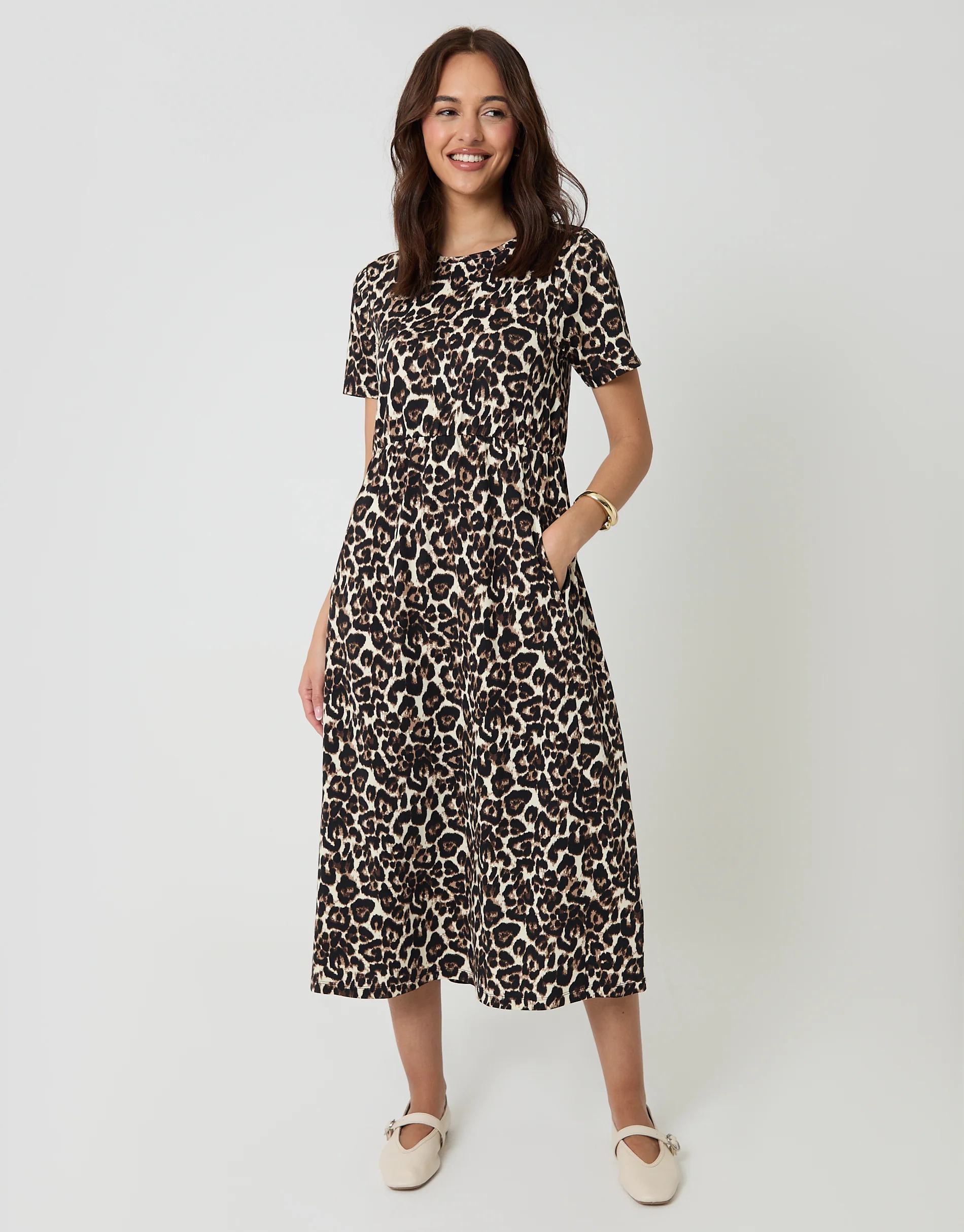 Leopard Jersey Midi Smock Dress with Pockets in Leopard Print