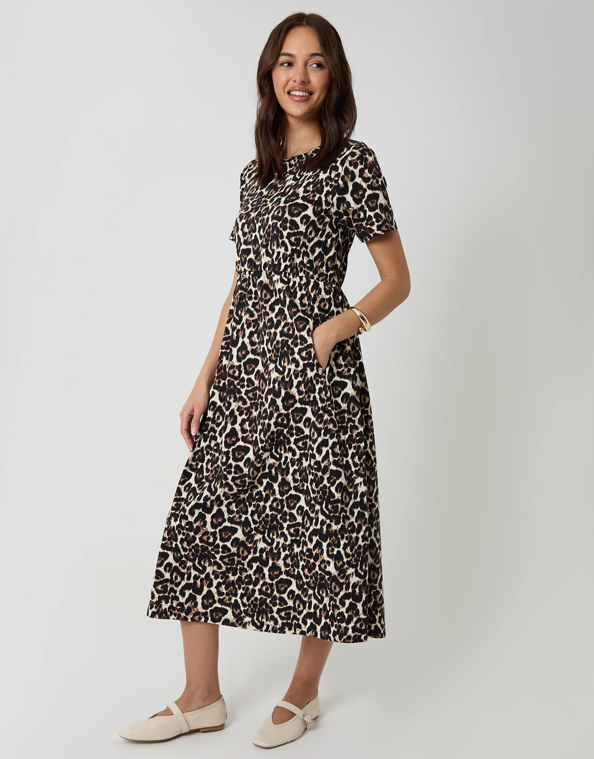 Leopard Jersey Midi Smock Dress with Pockets in Leopard Print - Image 4