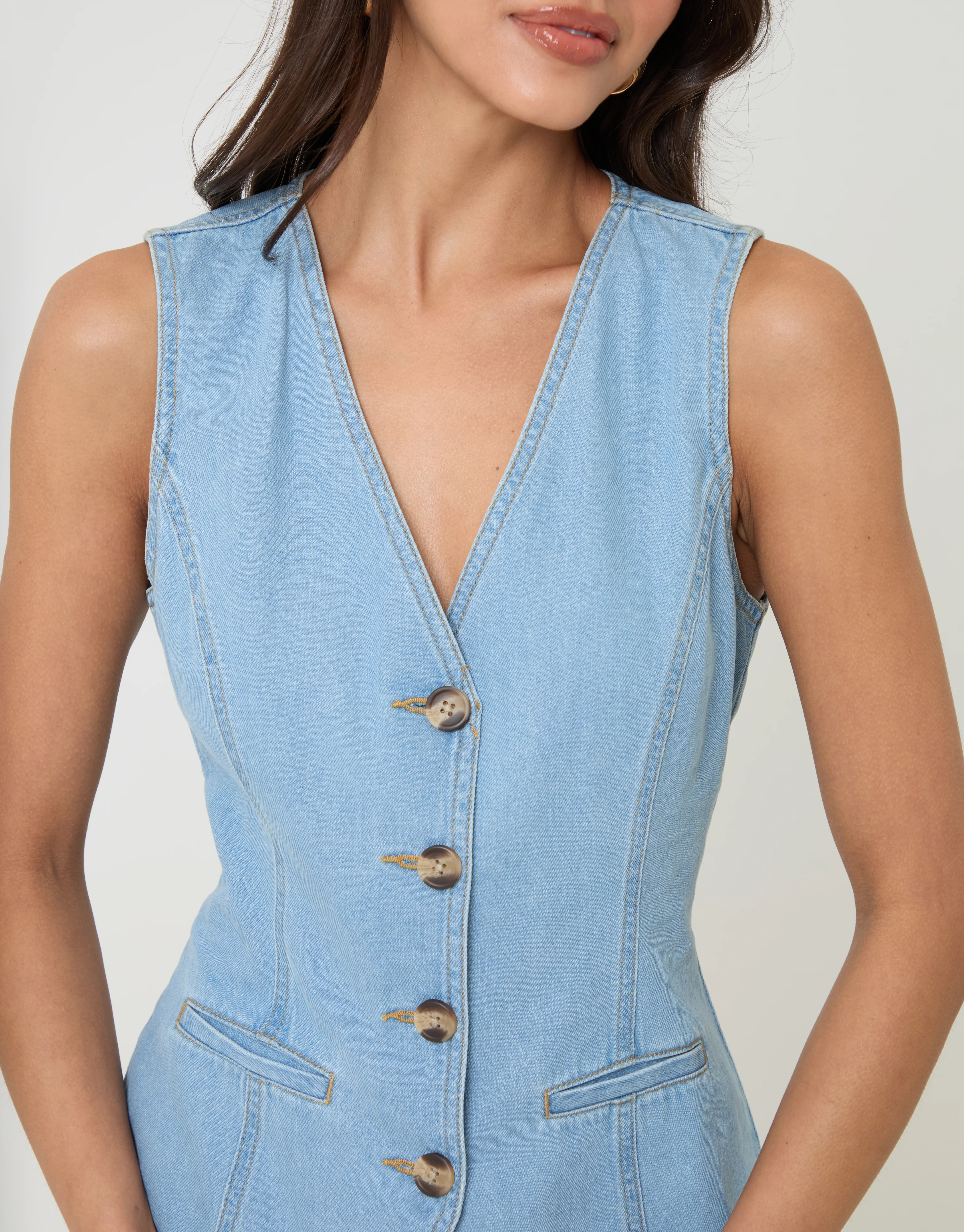 Denim Longline V-Neck Waistcoat in Light Wash - Image 4