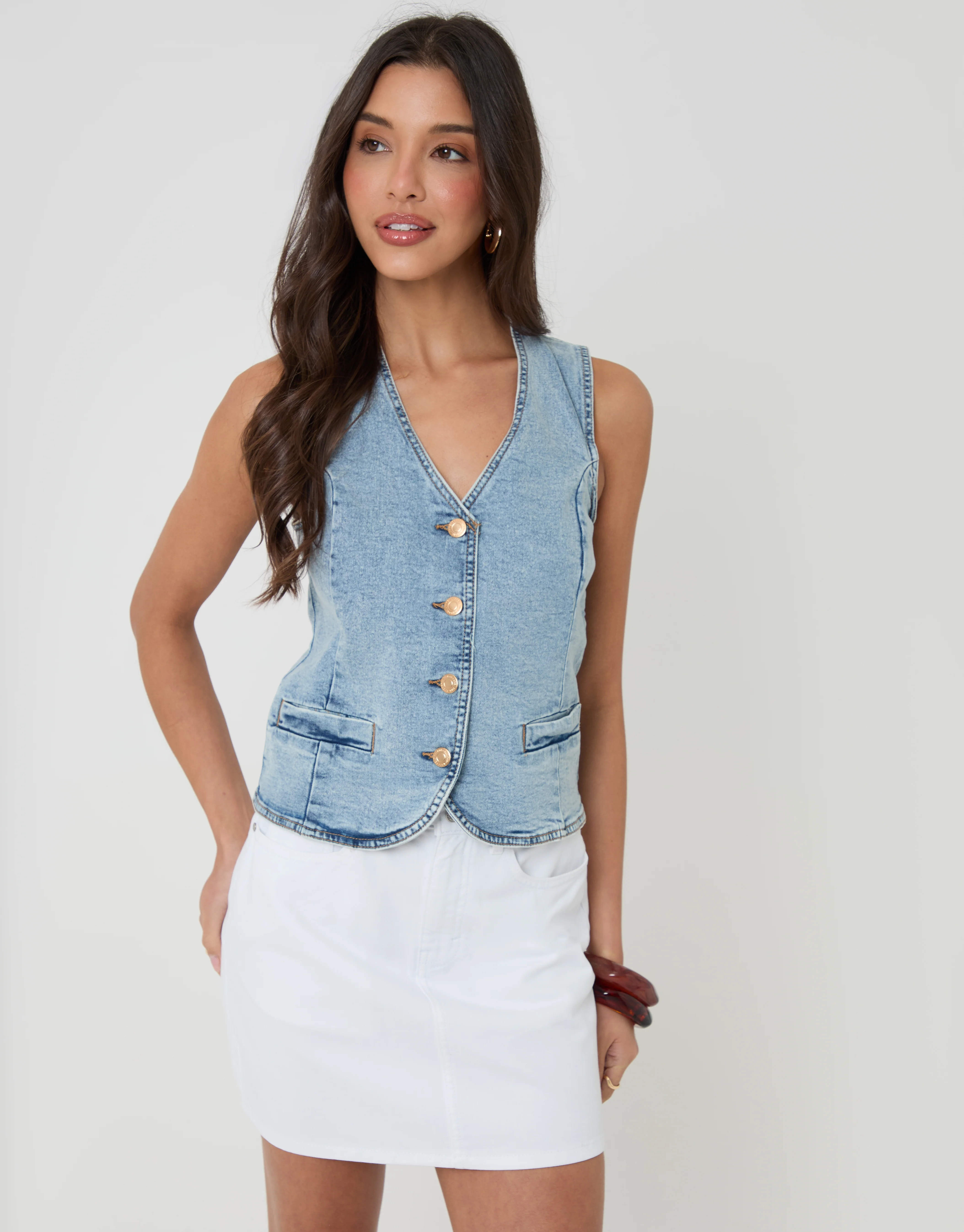 Fitted Denim Waistcoat in Light Wash - Image 5