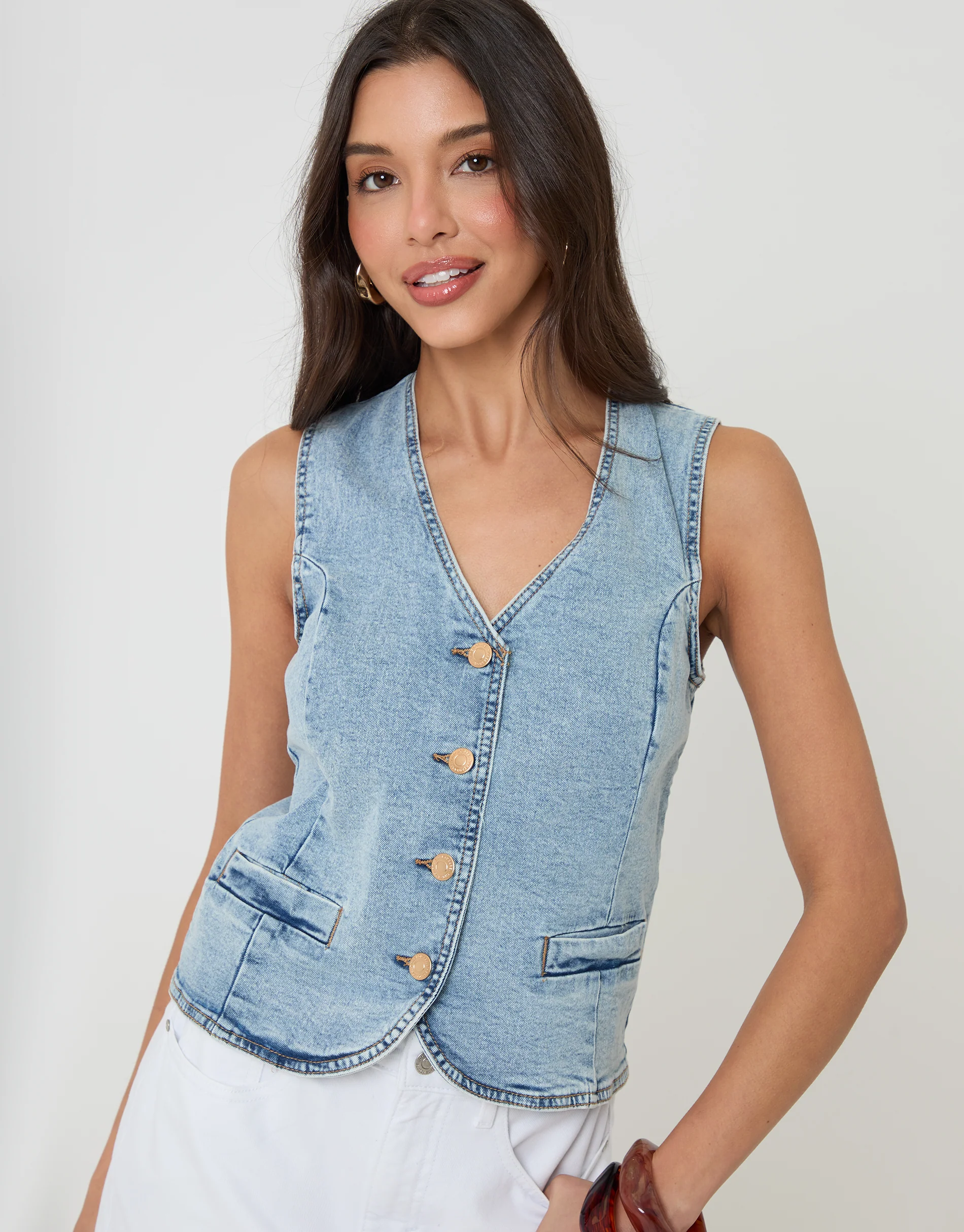 Fitted Denim Waistcoat in Light Wash - Image 6