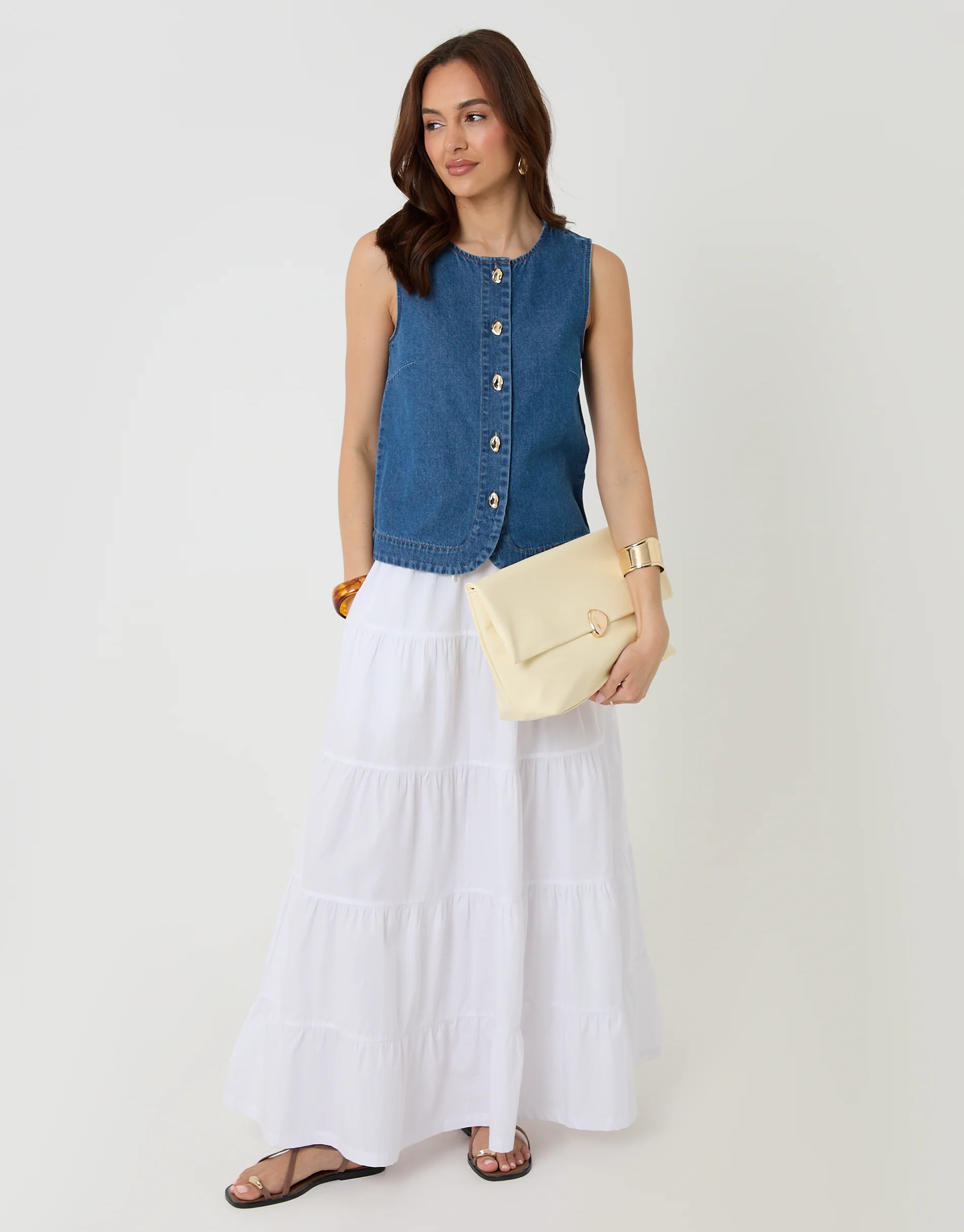 Denim Button Up Top in Mid Wash