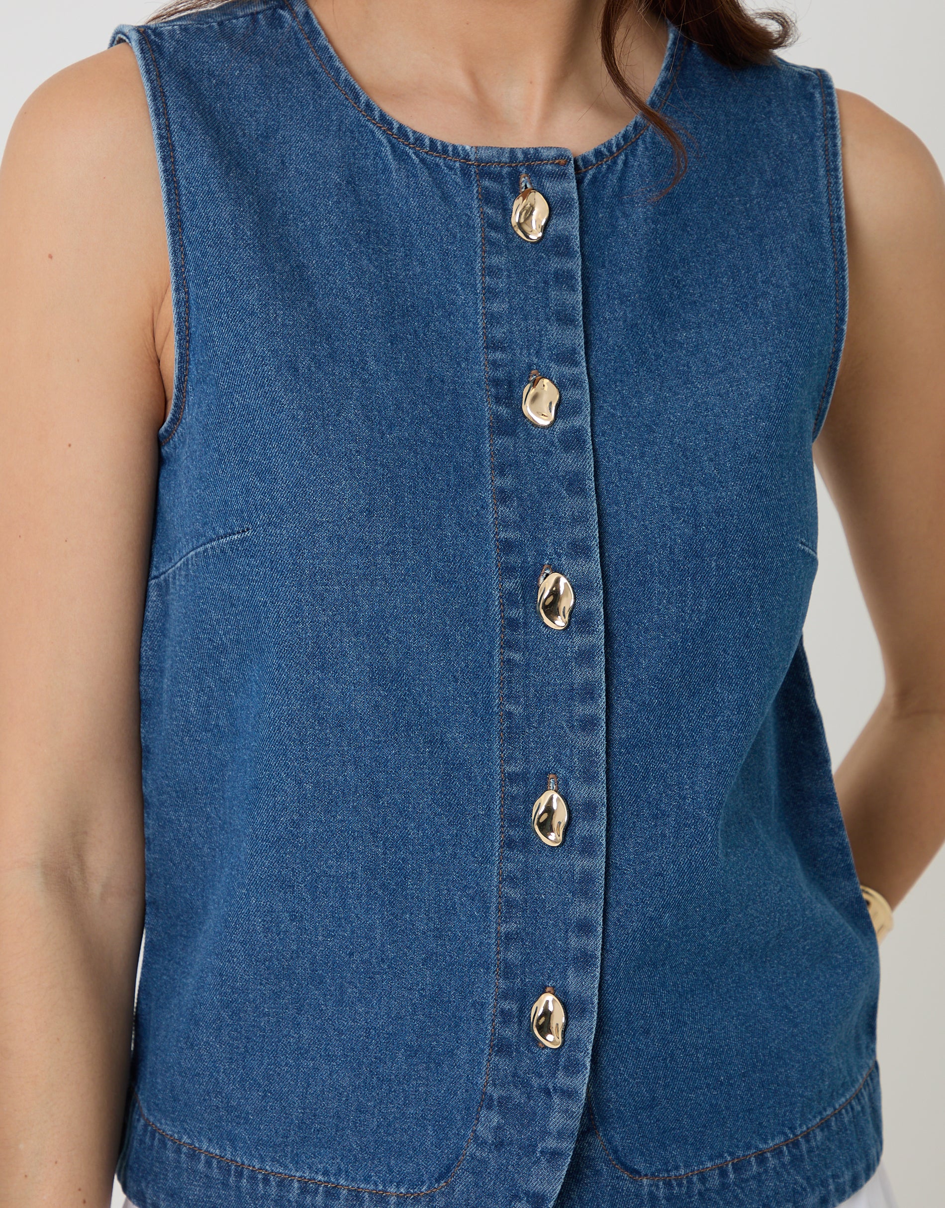 Denim Button Up Top in Mid Wash - Image 4