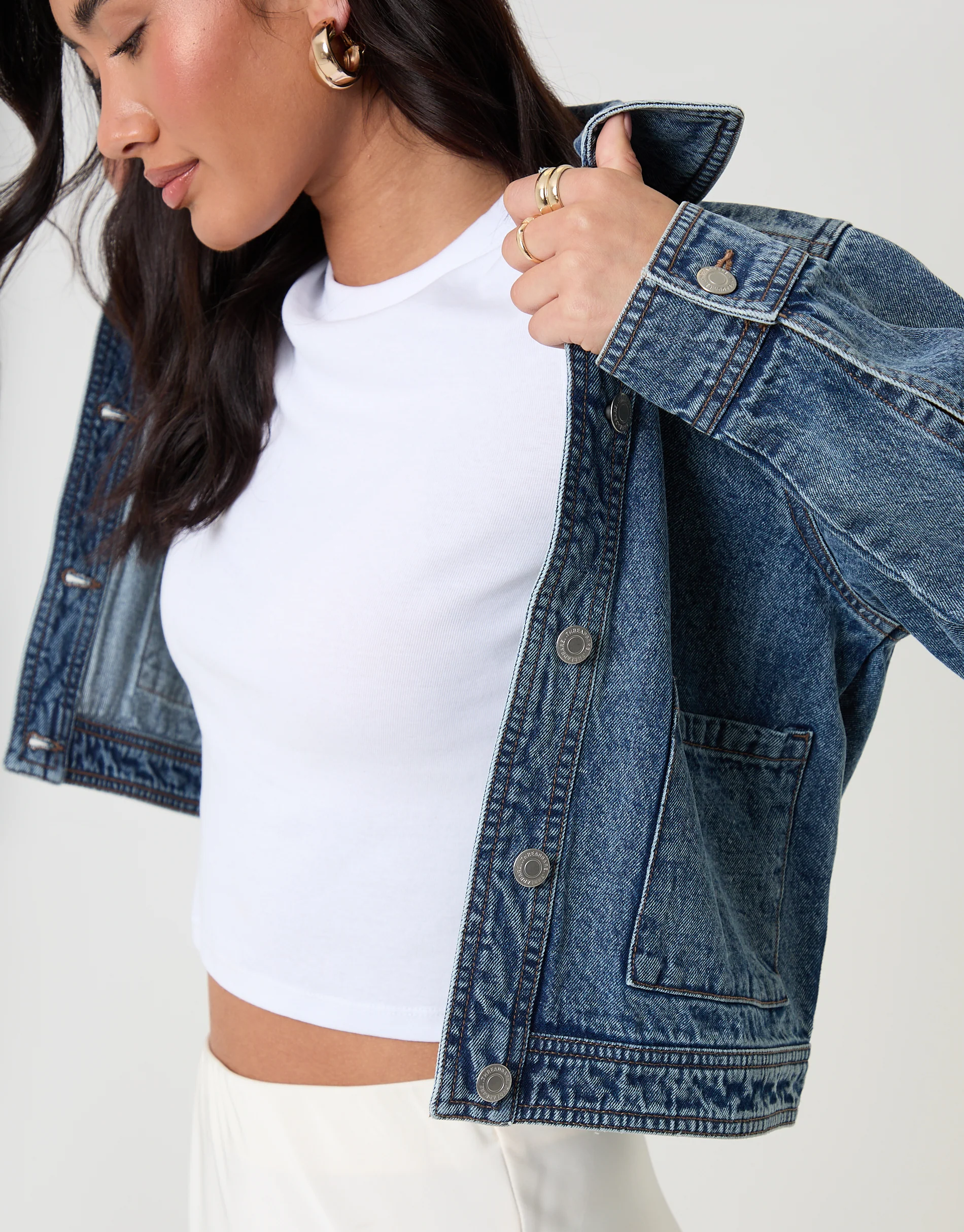 Denim Jacket with Patch Pockets in Mid Wash - Image 4
