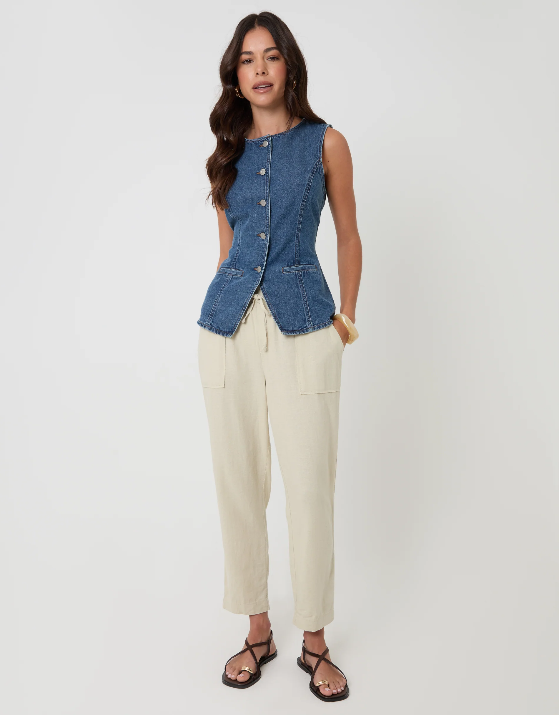 Denim Longline Waistcoat in Mid Wash - Image 3