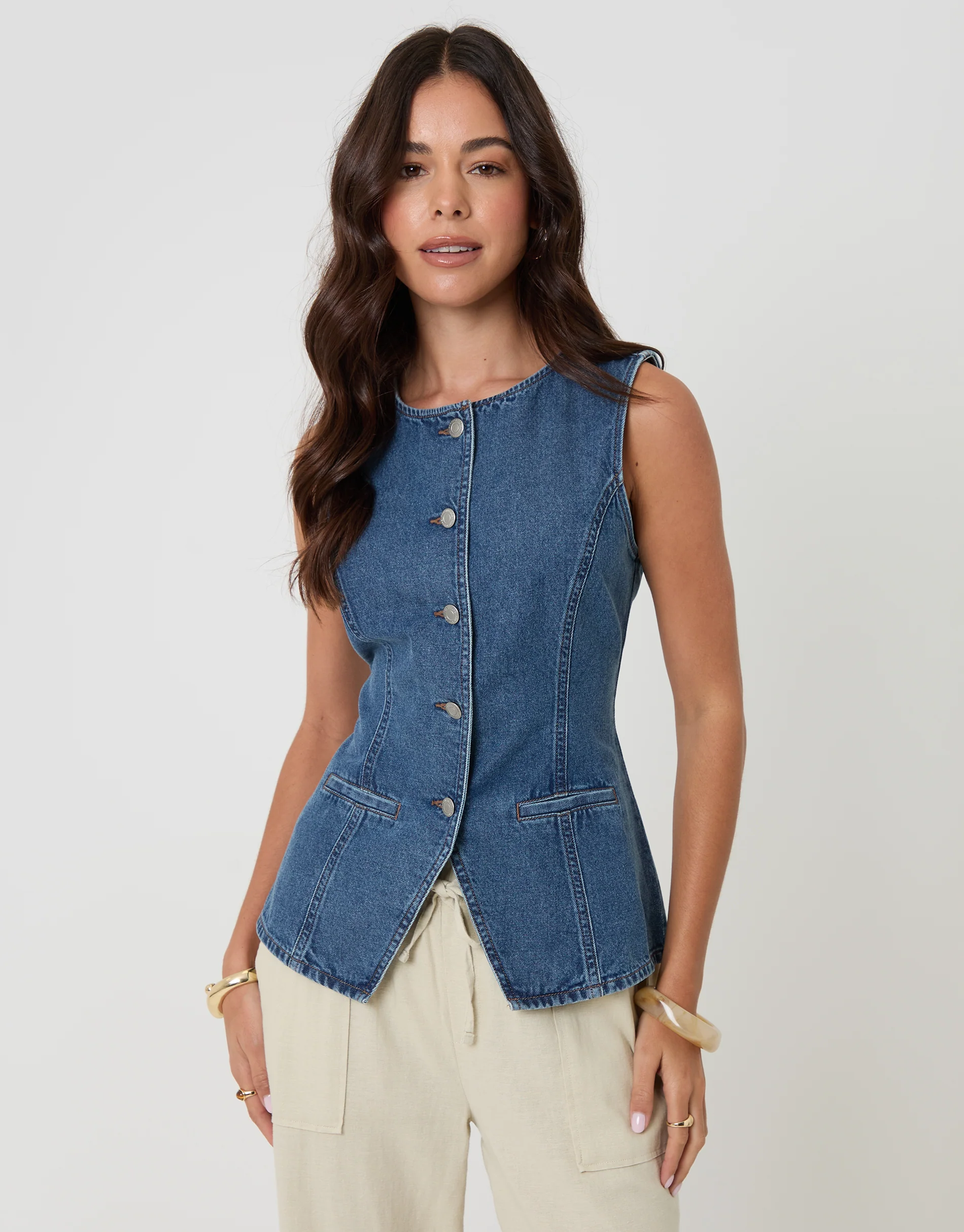 Denim Longline Waistcoat in Mid Wash - Image 5