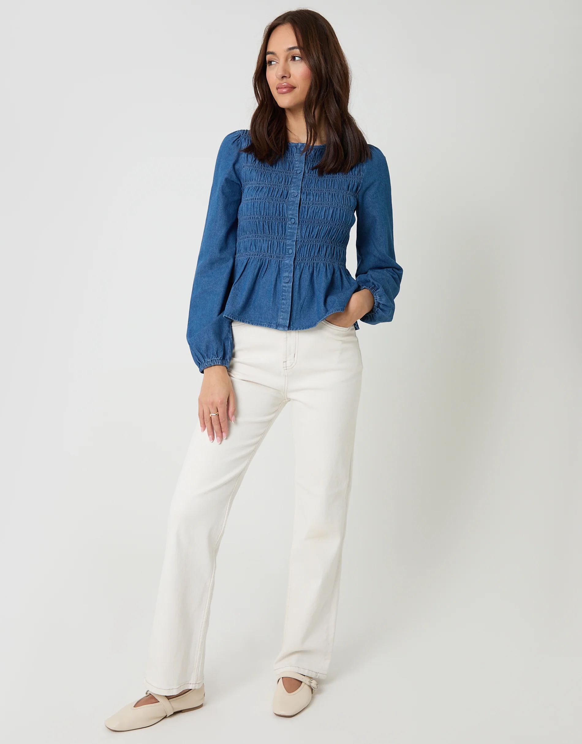 Denim Shirred Smock Blouse in Mid Wash - Image 3