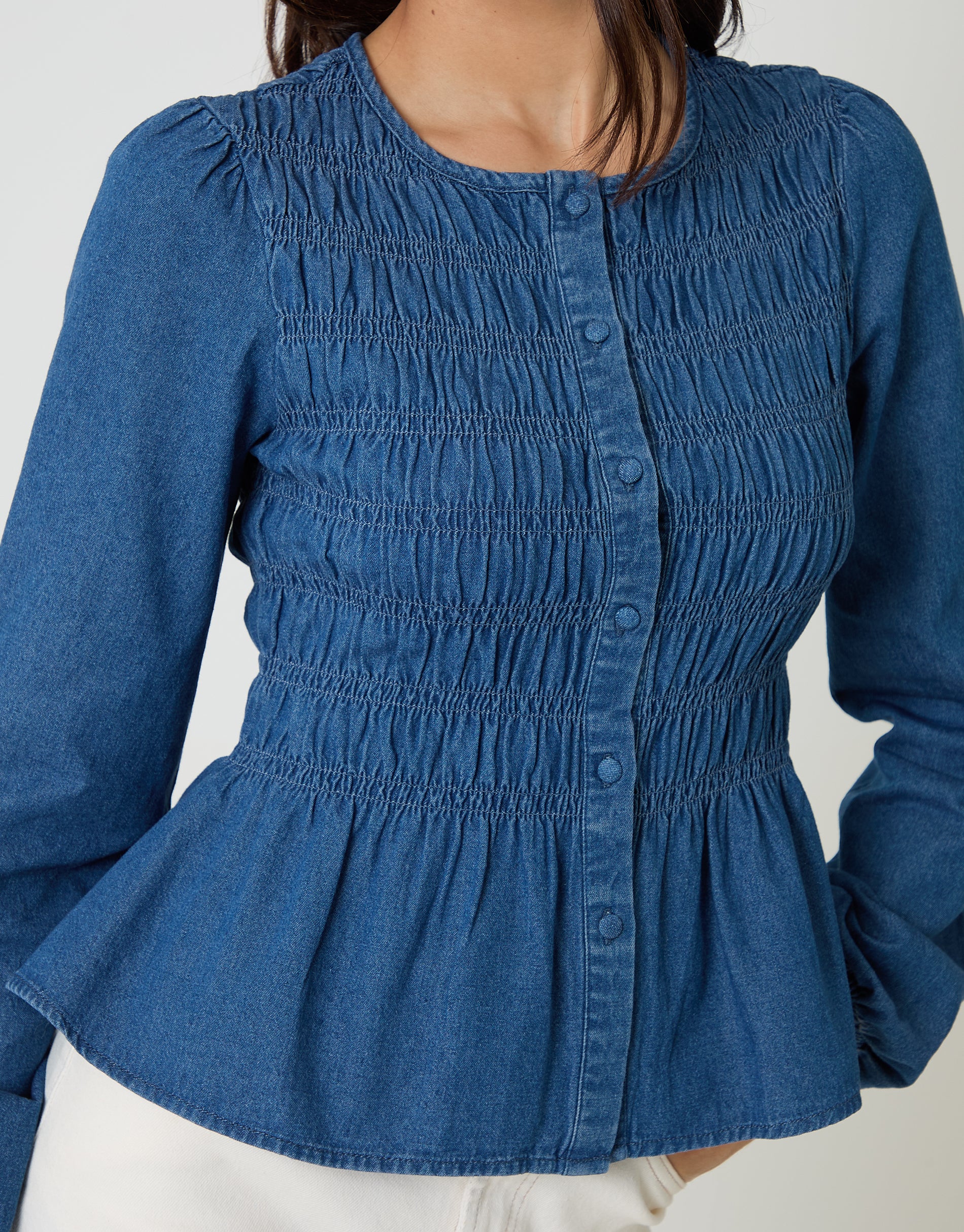 Denim Shirred Smock Blouse in Mid Wash - Image 4