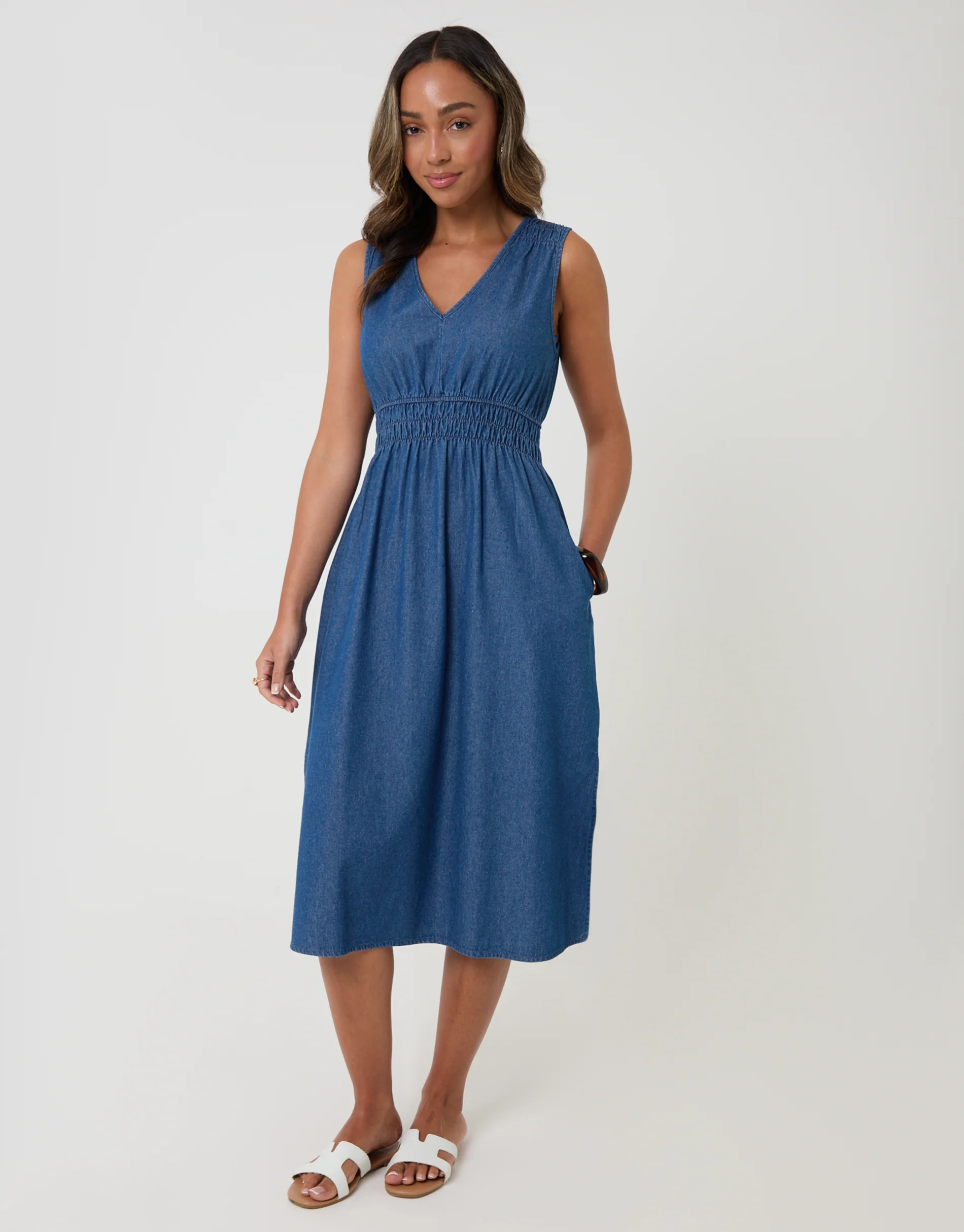 Ruched Waist Denim Midi Dress in Mid Wash