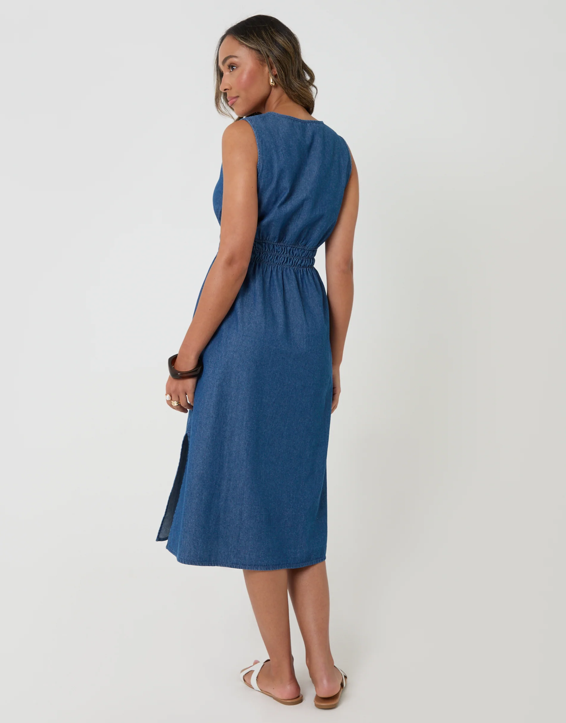 Ruched Waist Denim Midi Dress in Mid Wash - Image 2