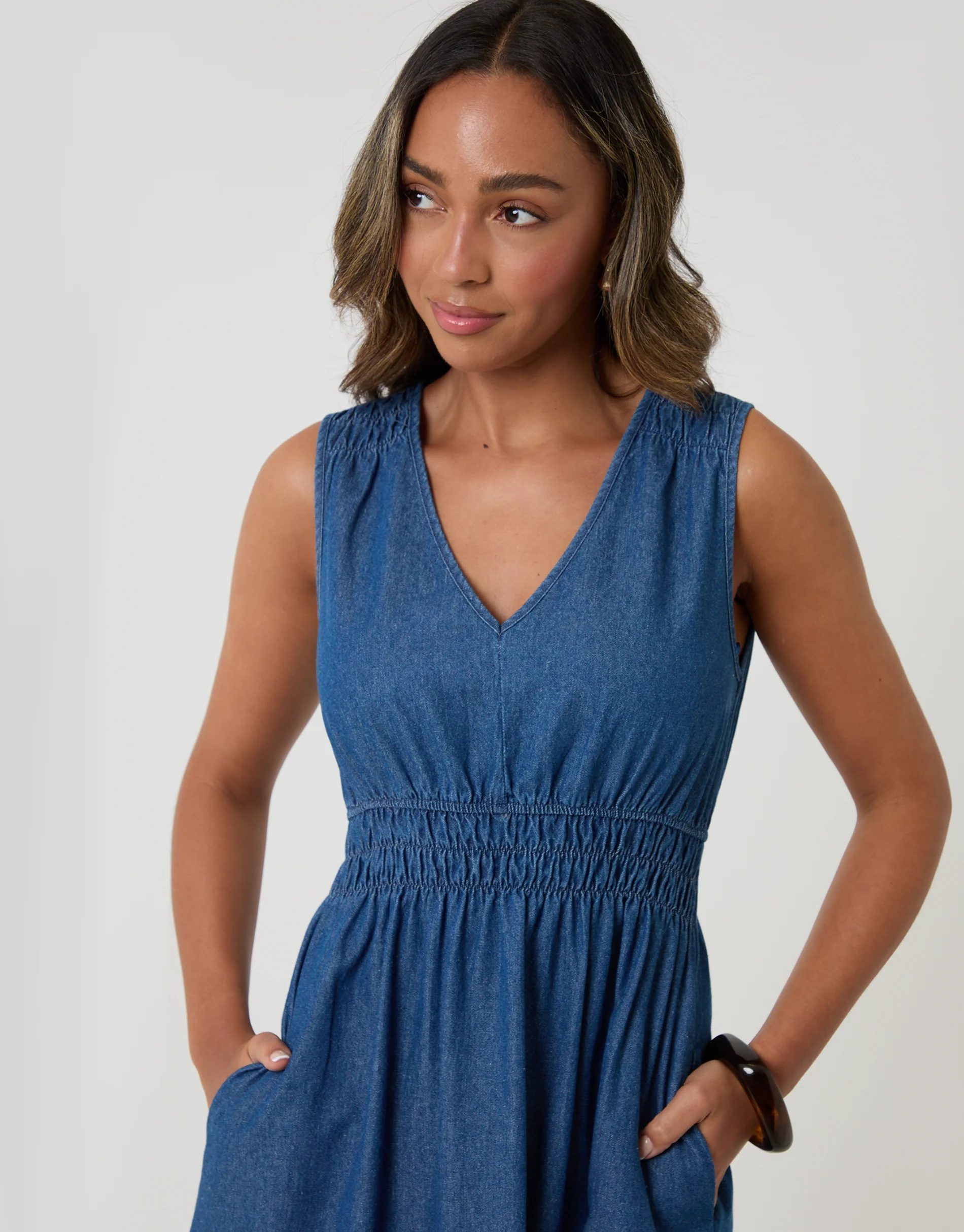 Ruched Waist Denim Midi Dress in Mid Wash - Image 3