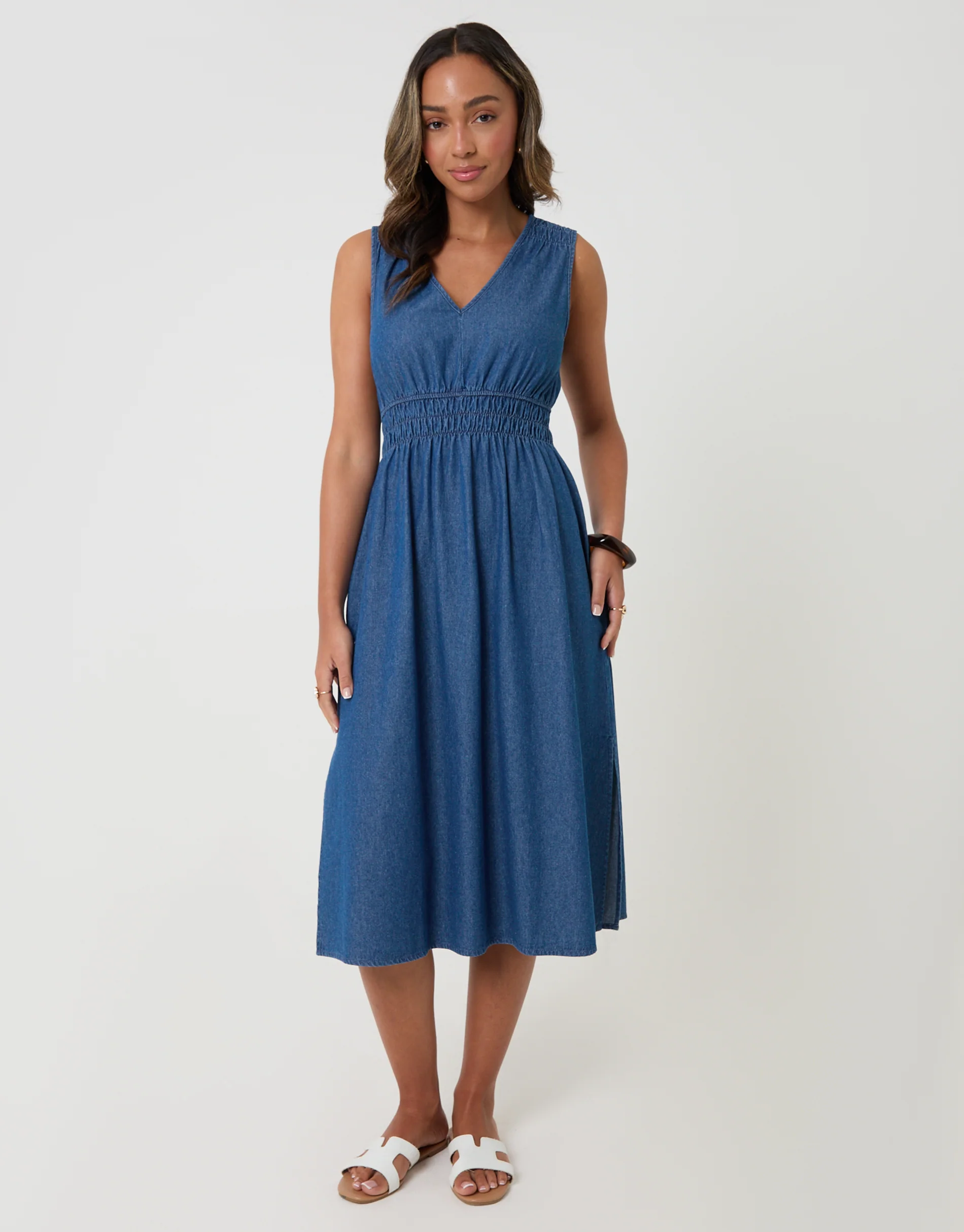 Ruched Waist Denim Midi Dress in Mid Wash - Image 4