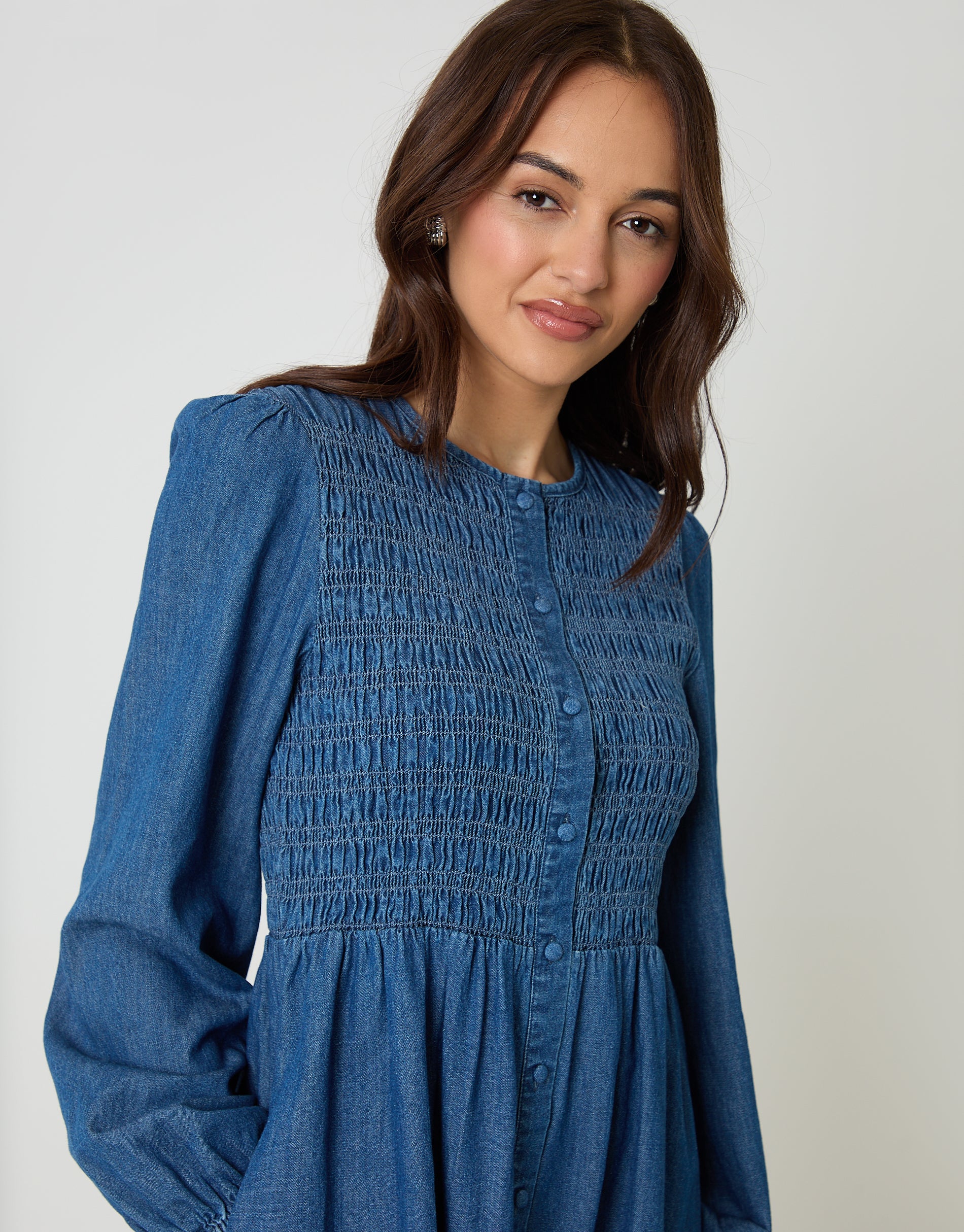 Shirred Denim Button Up Mini Dress in Mid Wash - Image 2