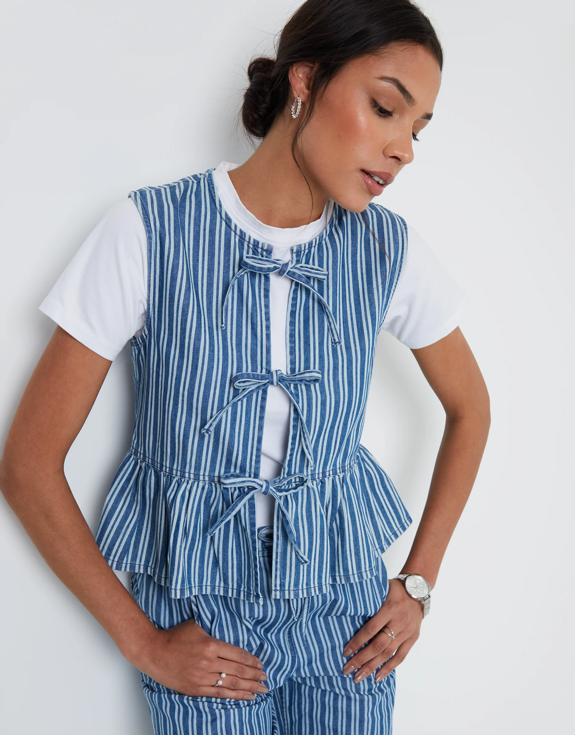 Tie Front Denim Waistcoat in Mid Wash Stripe