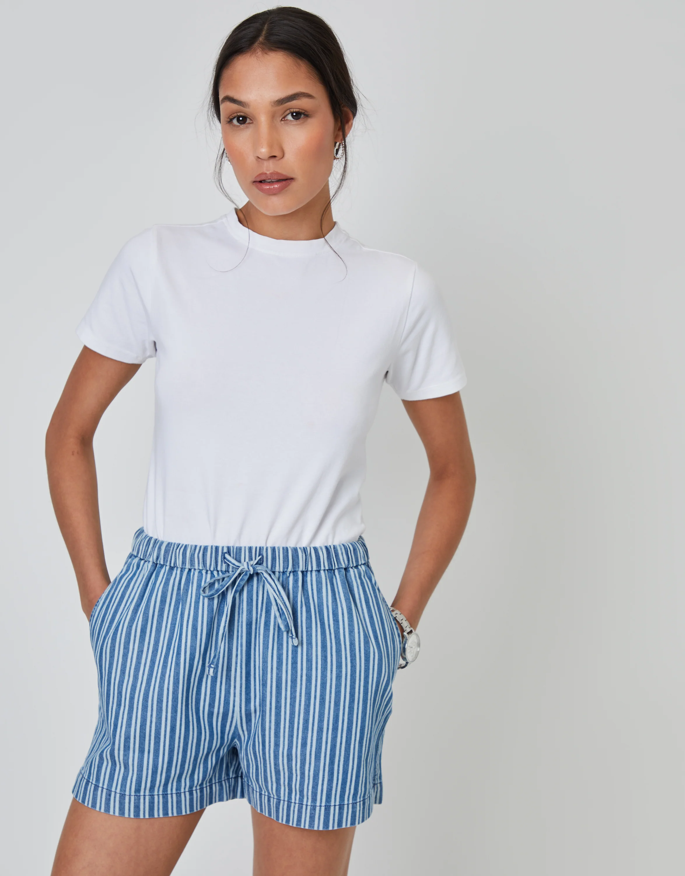 Pull On Denim Shorts in Mid Wash Stripe