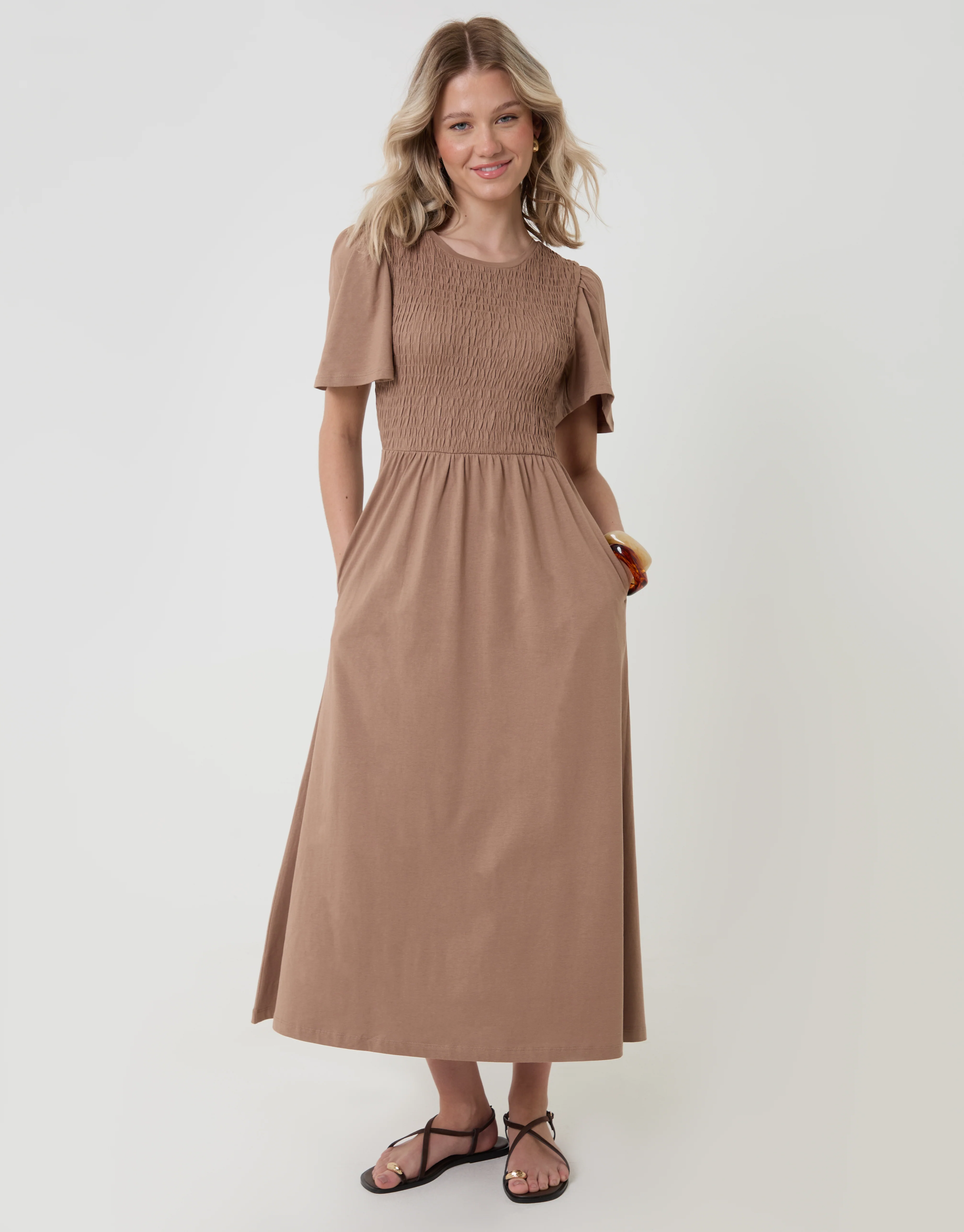 Cotton Jersey Shirred Bodice Midi Dress in Mink Brown
