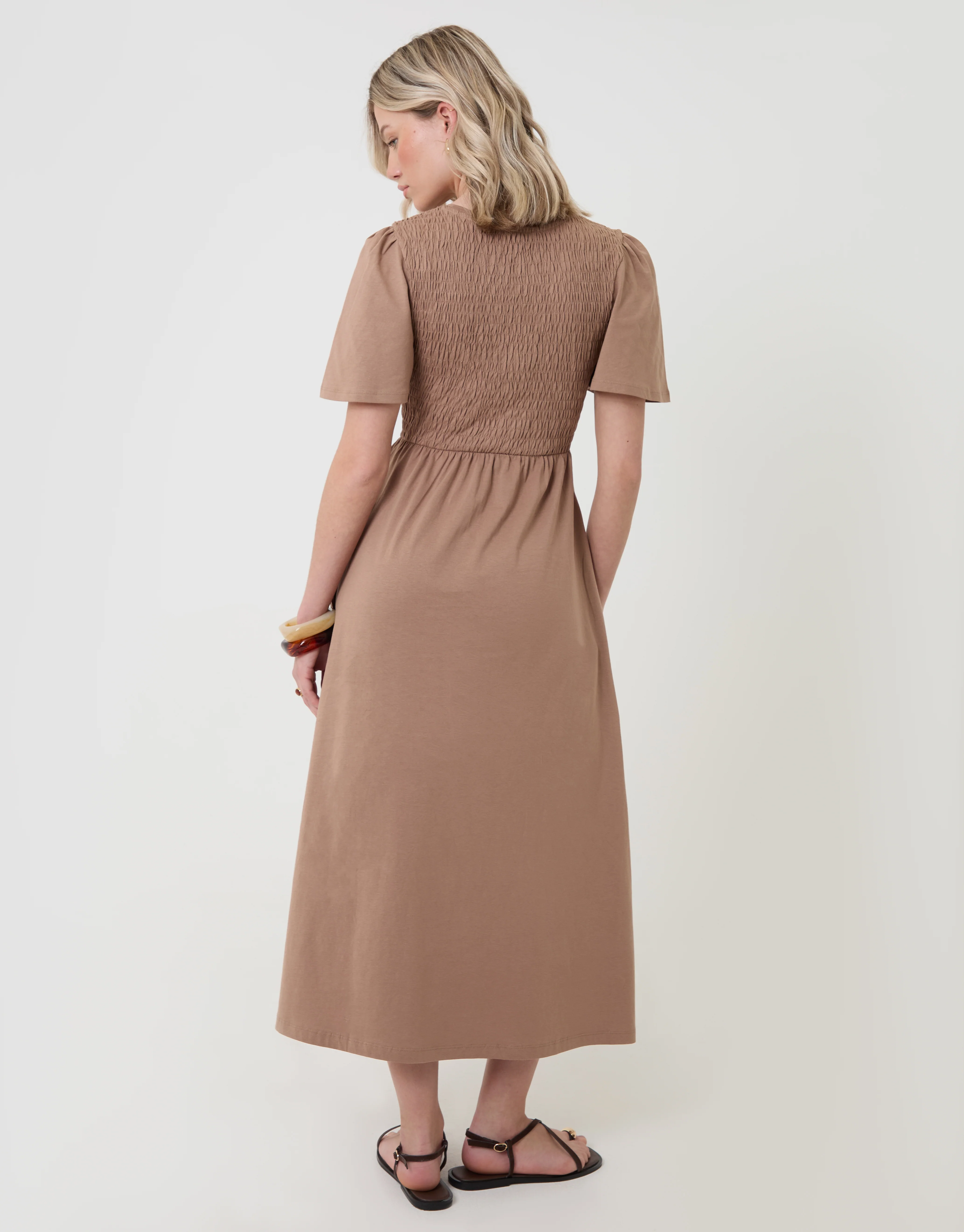 Cotton Jersey Shirred Bodice Midi Dress in Mink Brown - Image 2