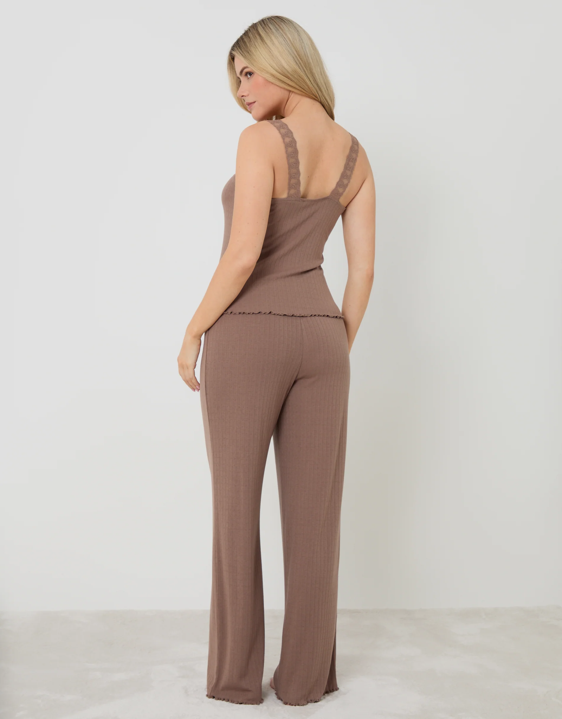 Pointelle V-Neck Cami Pyjama Set in Mink Brown - Image 4