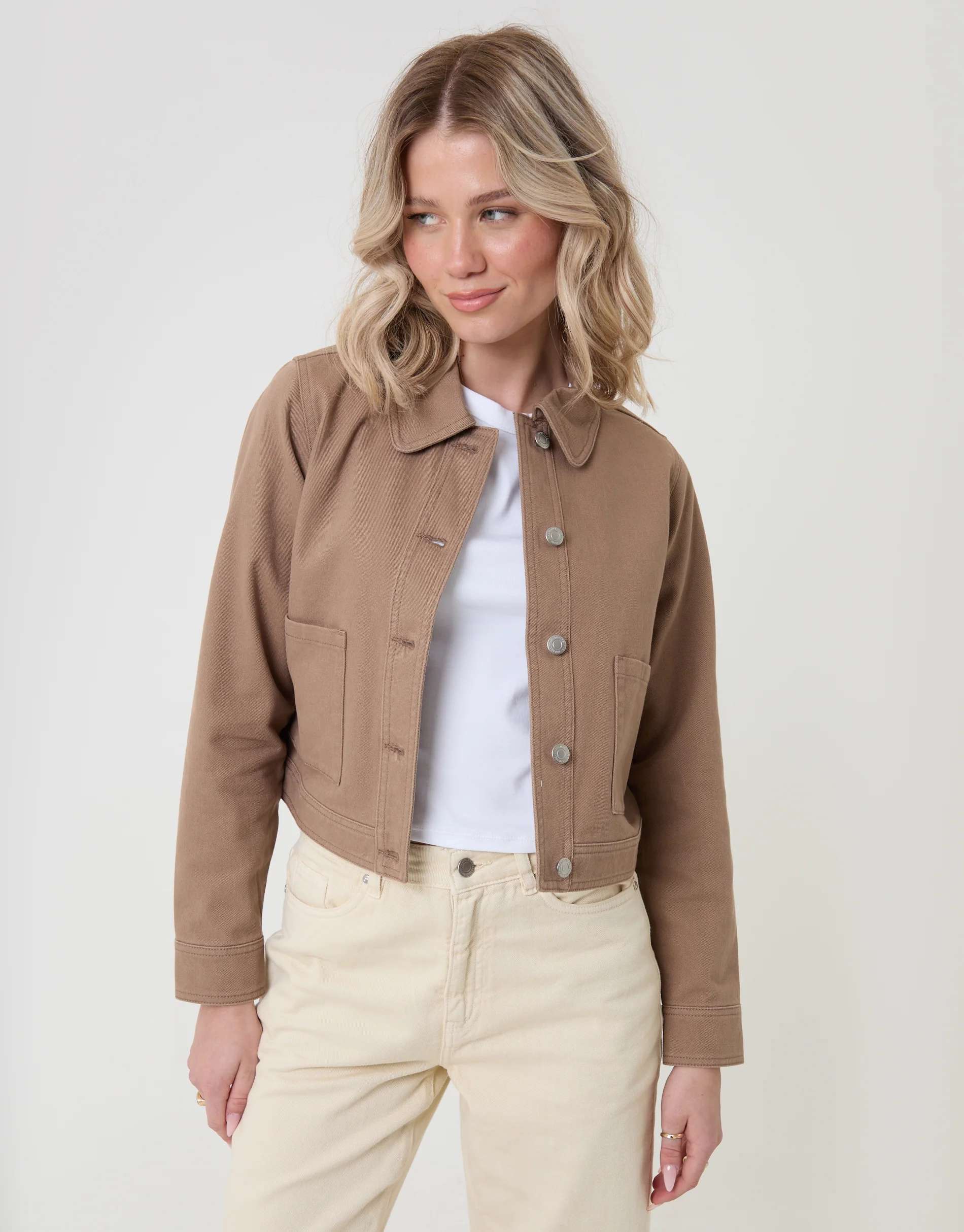 Denim Jacket with Patch Pockets in Mocha Brown