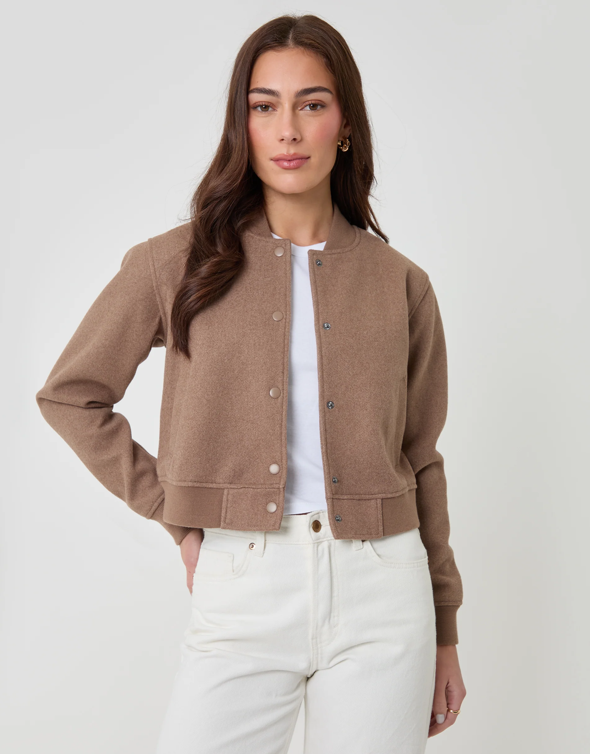 Faux Wool Bomber Jacket in Mocha Brown
