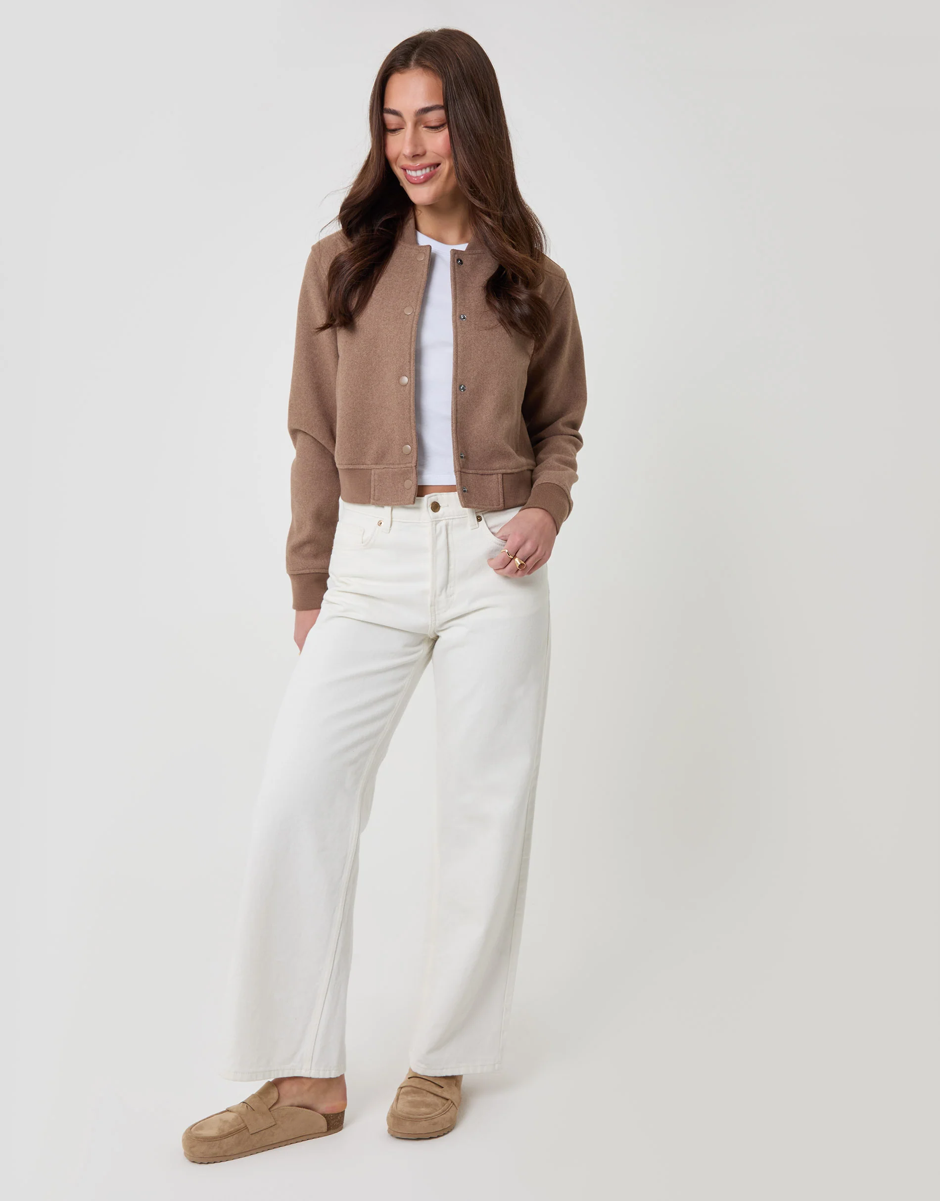 Faux Wool Bomber Jacket in Mocha Brown - Image 3