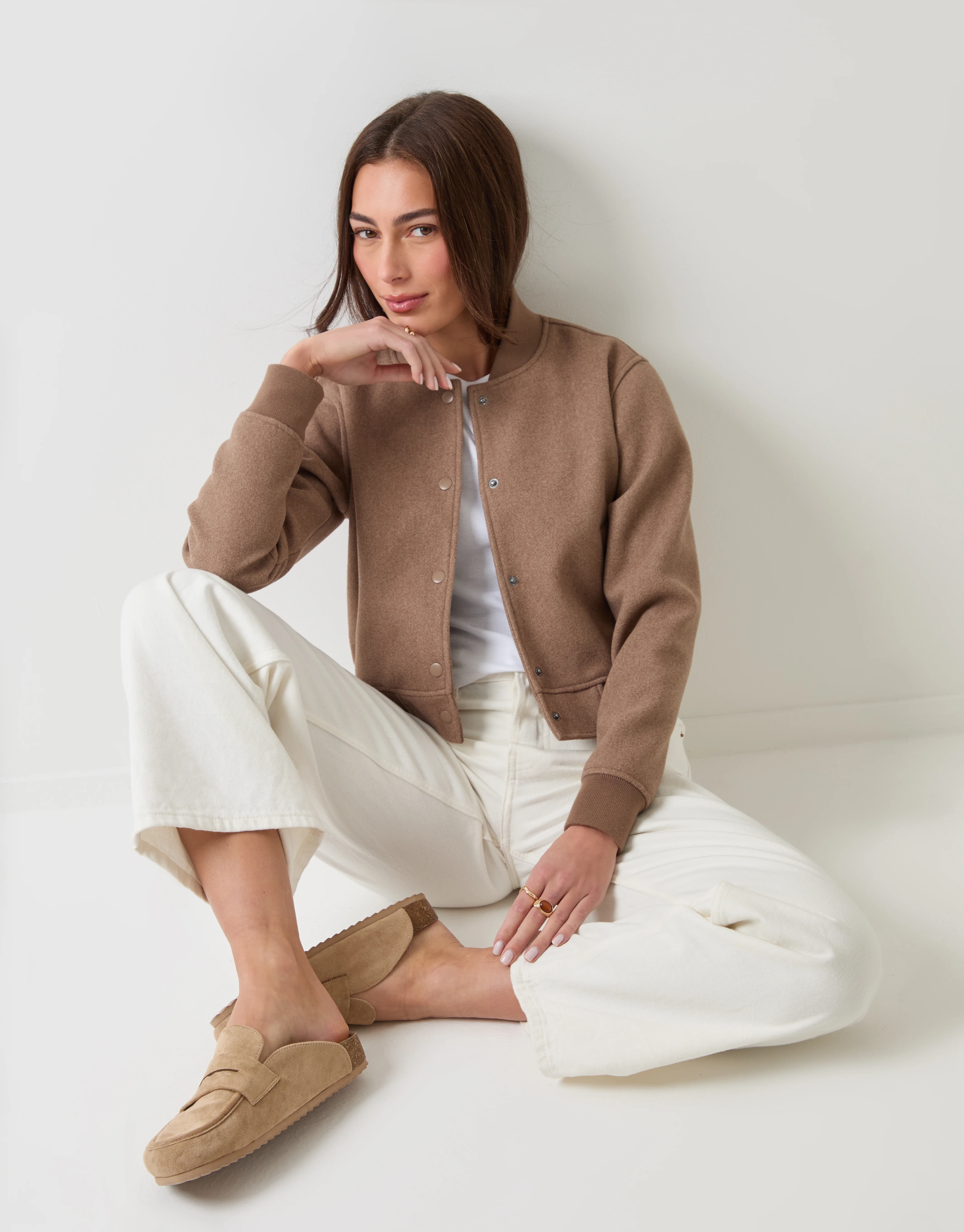 Faux Wool Bomber Jacket in Mocha Brown - Image 5