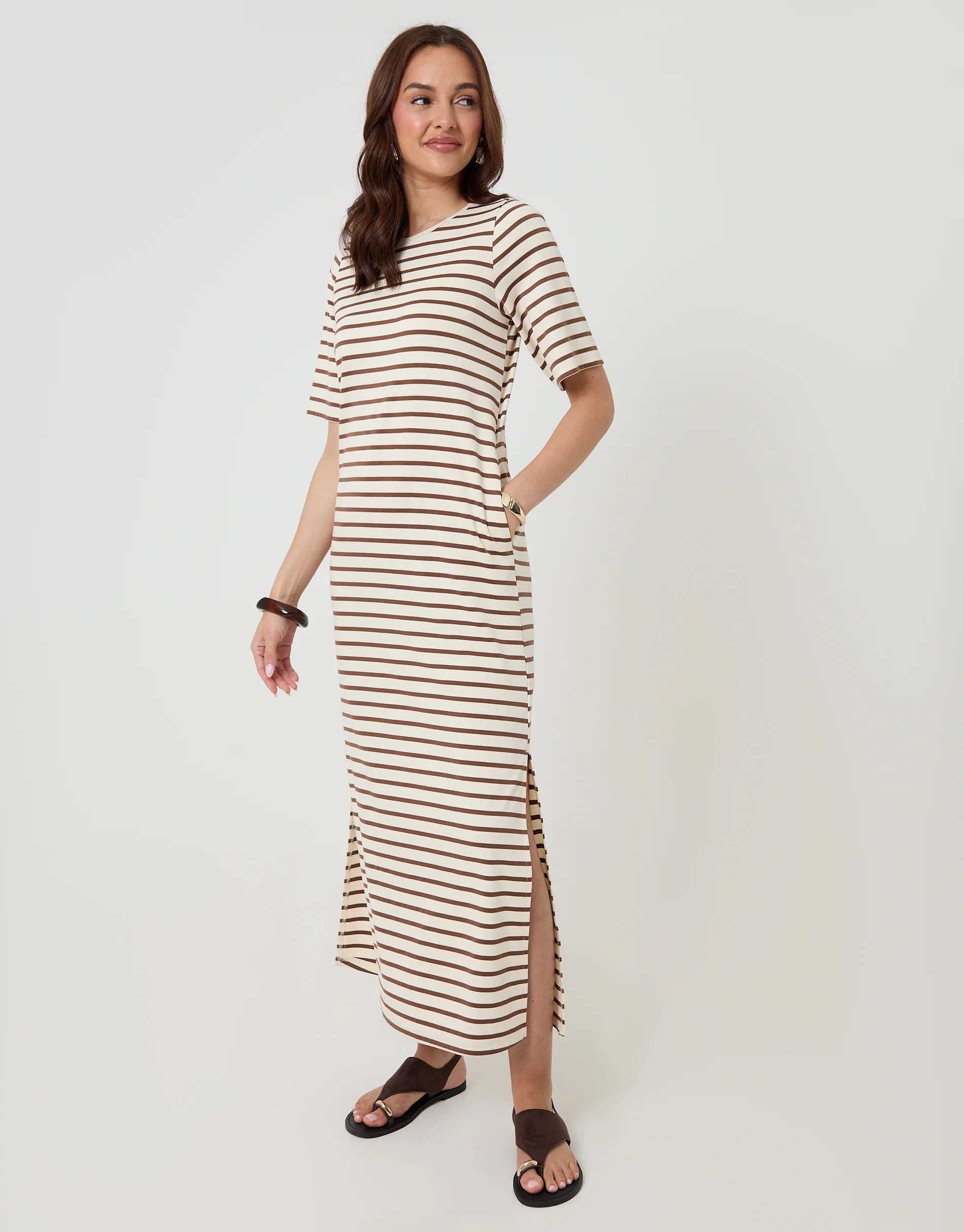 Jersey Maxi T-Shirt Dress in Mocha Brown Stripe