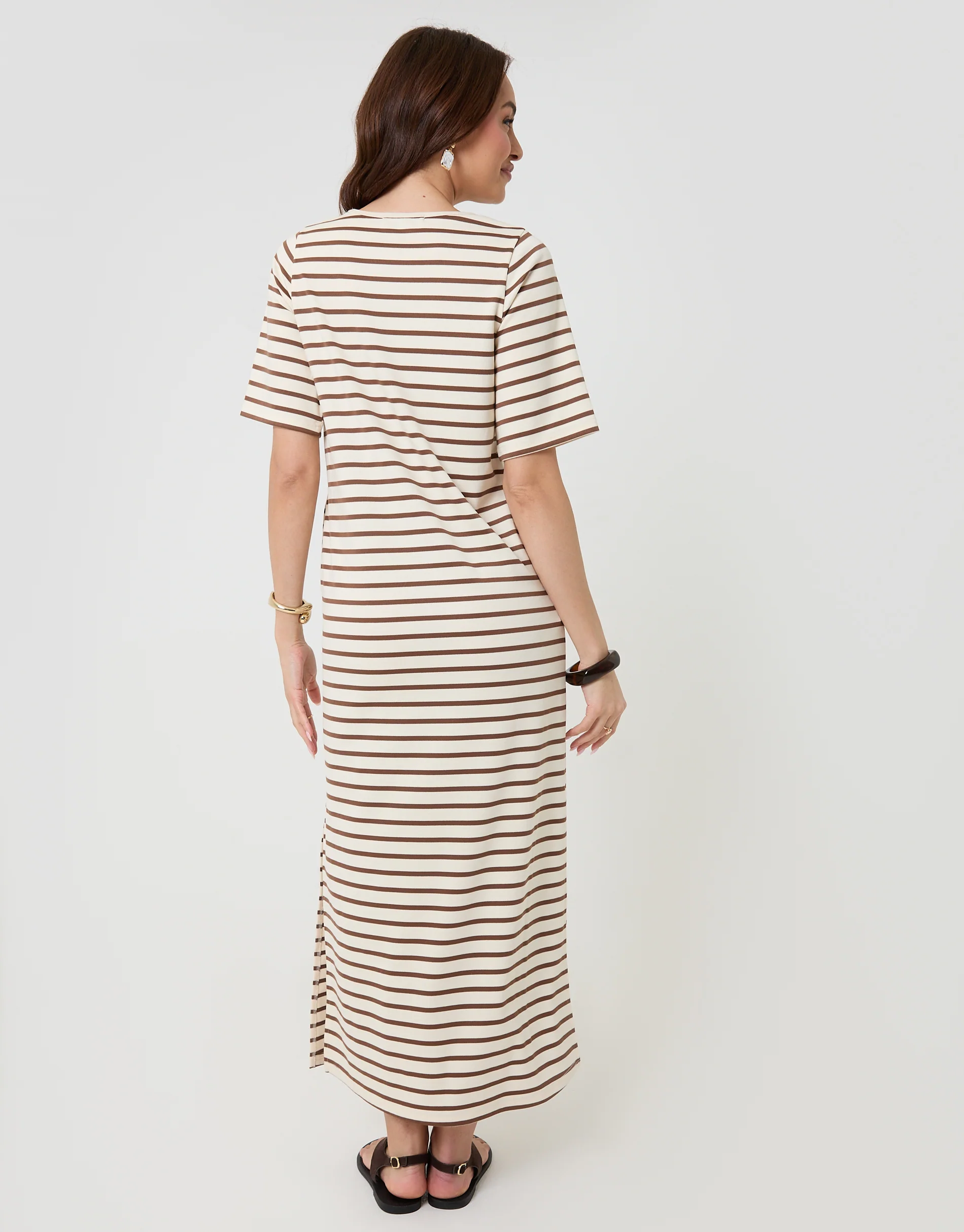 Jersey Maxi T-Shirt Dress in Mocha Brown Stripe - Image 2