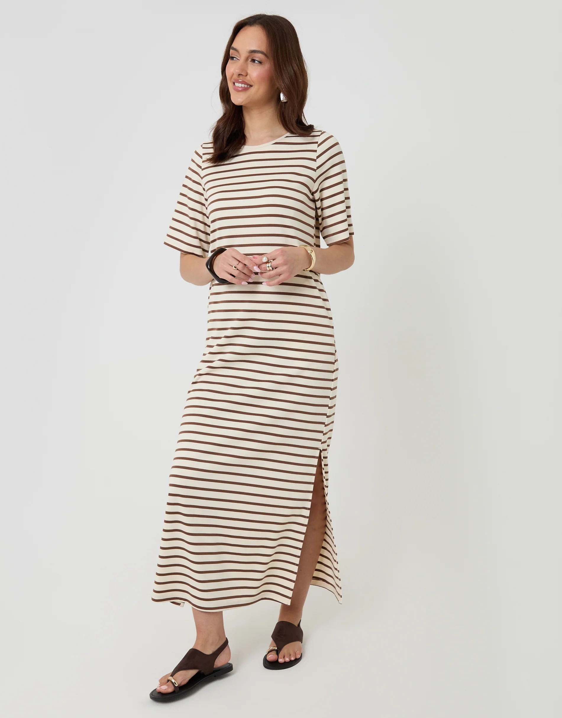 Jersey Maxi T-Shirt Dress in Mocha Brown Stripe - Image 3