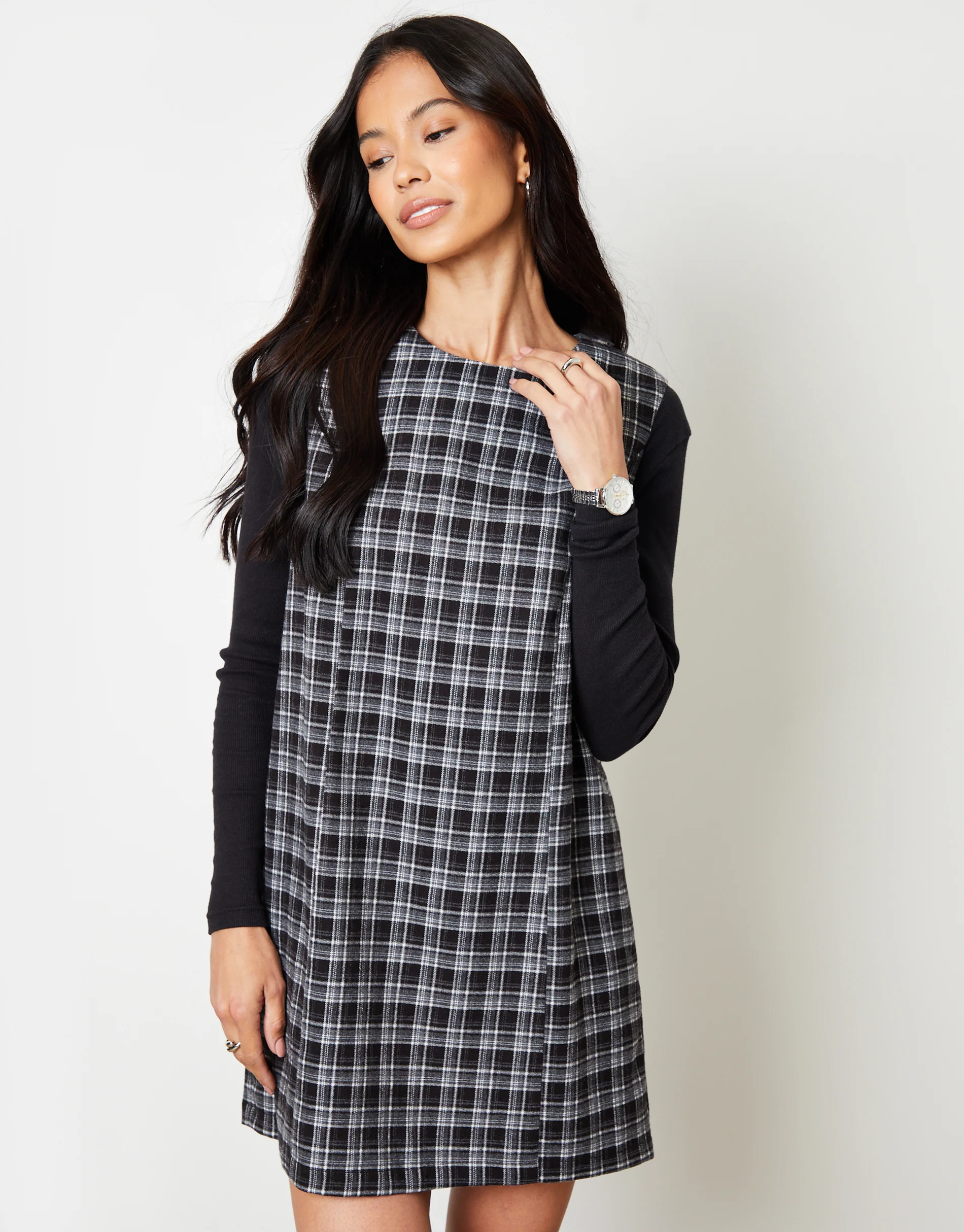 A-Line Mini Pinafore Dress in Mono Check - Image 2