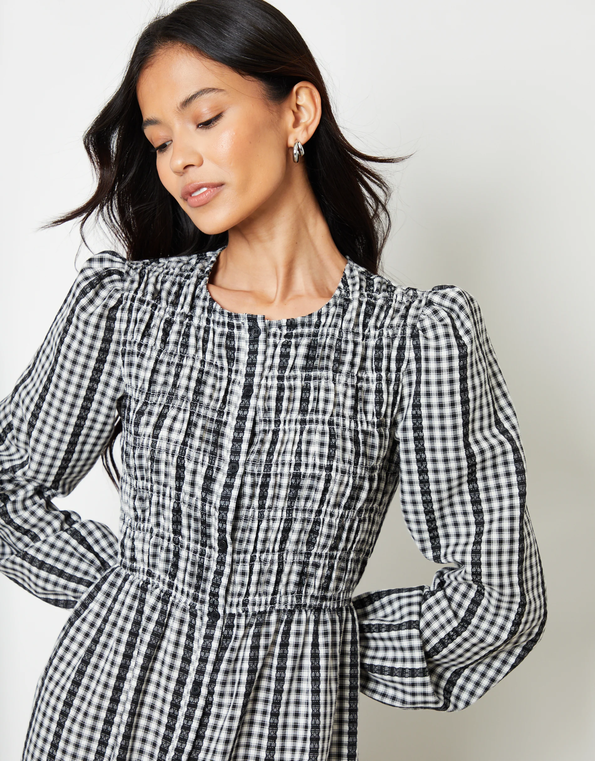 Check Shirred Detail Midi Dress in Mono Gingham - Image 2