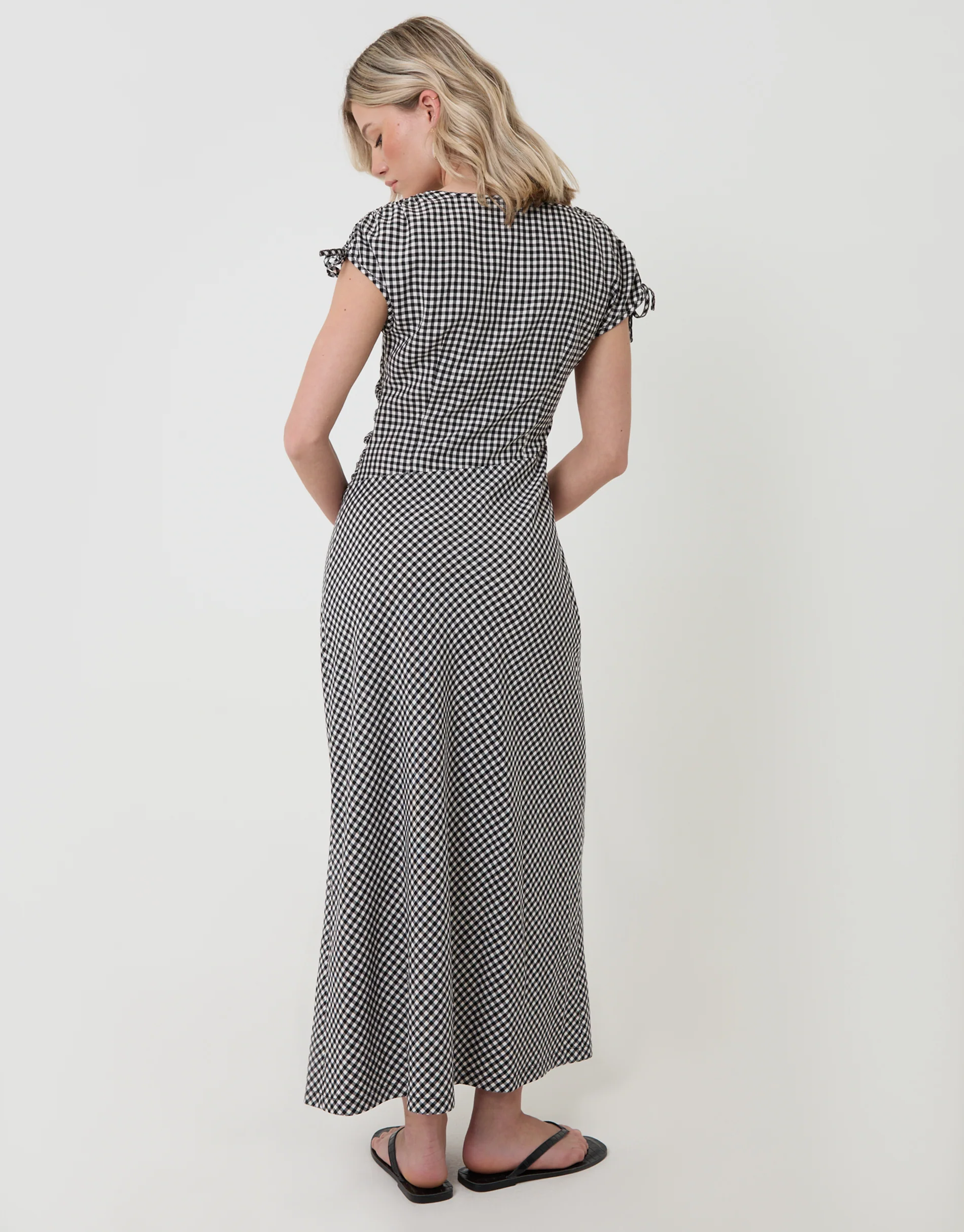 Ruched Midi Dress with Shoulder Tie Details in Mono Gingham - Image 2