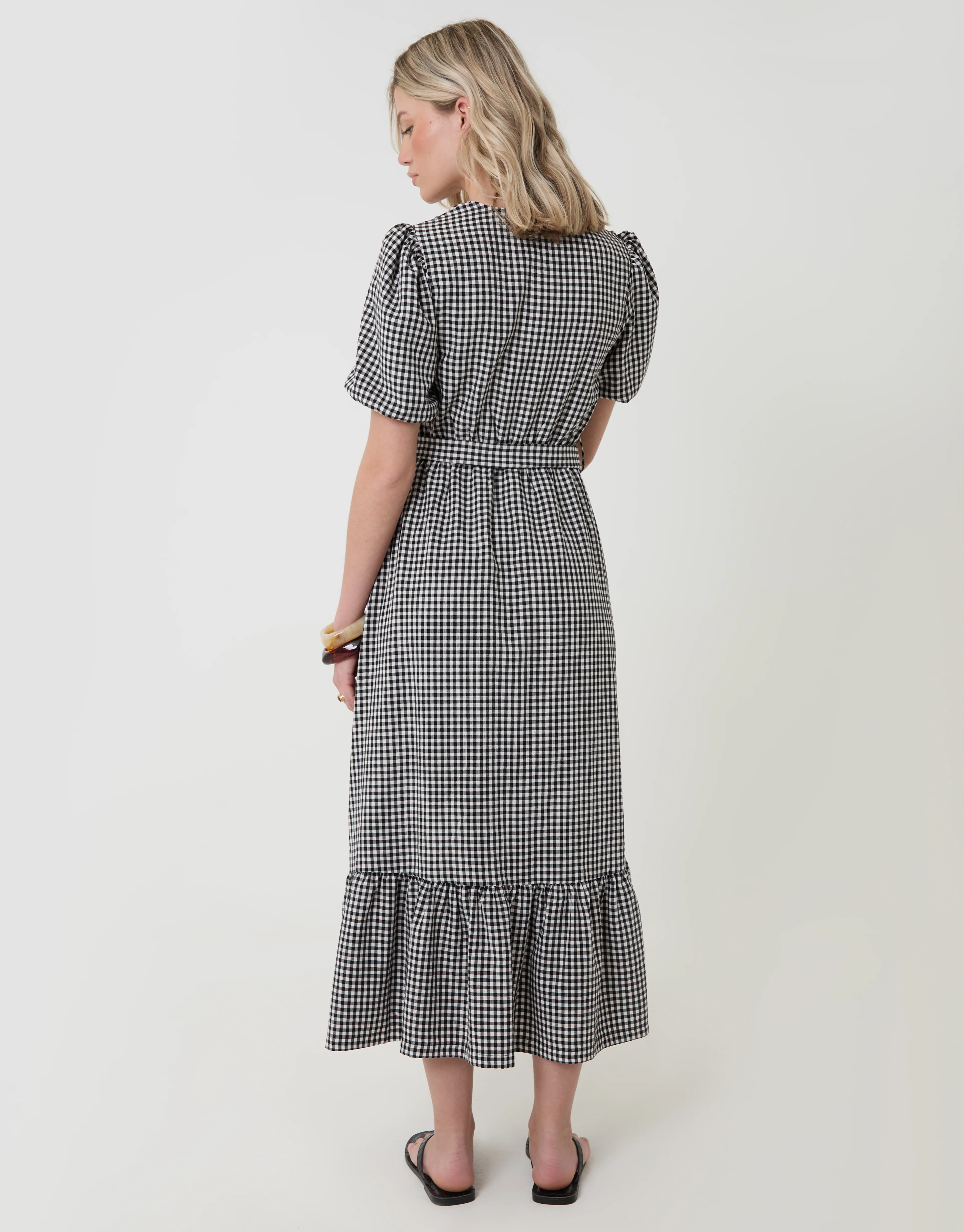 Tiered Hem Puff Sleeve Maxi Dress in Mono Gingham - Image 2