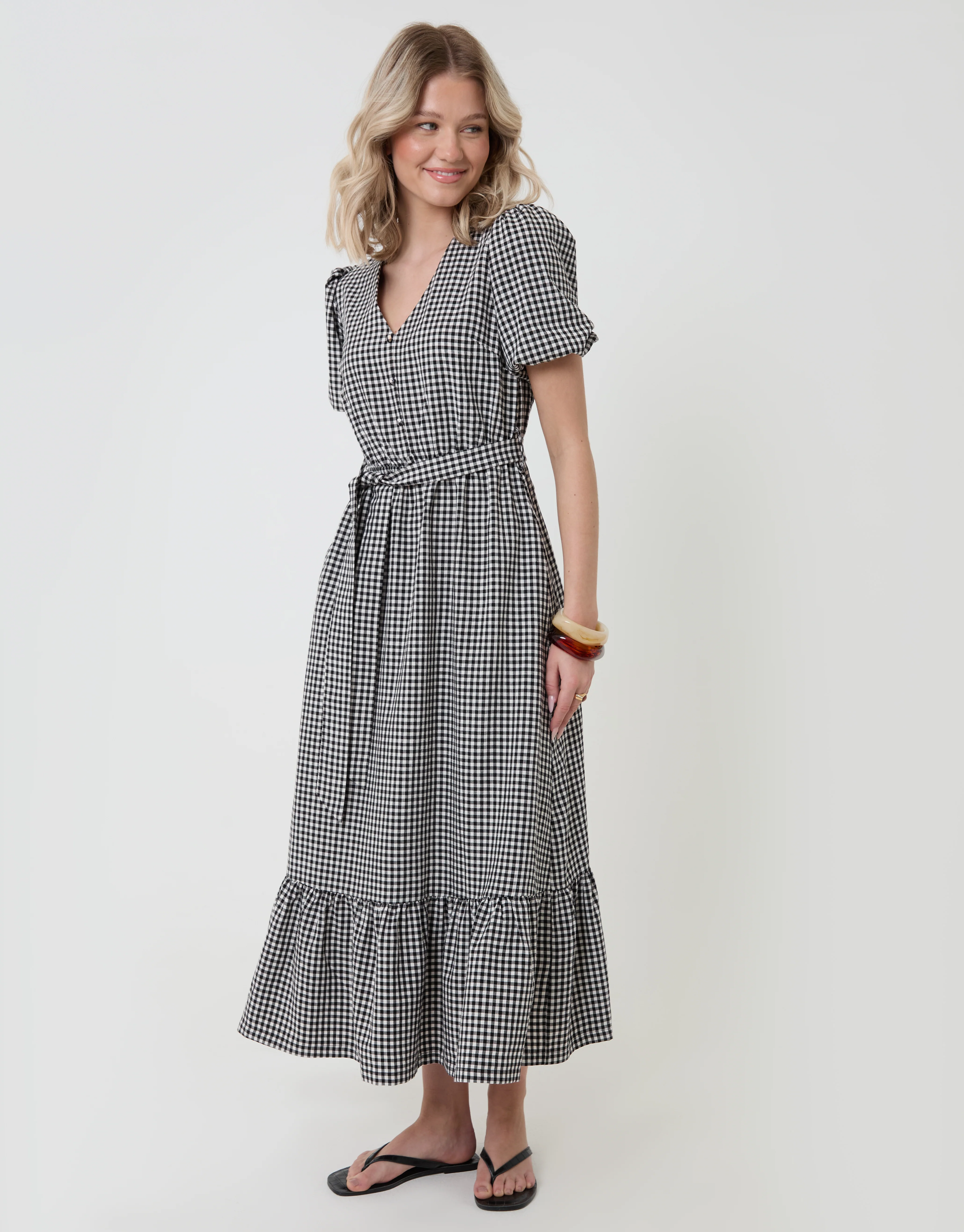 Tiered Hem Puff Sleeve Maxi Dress in Mono Gingham - Image 3