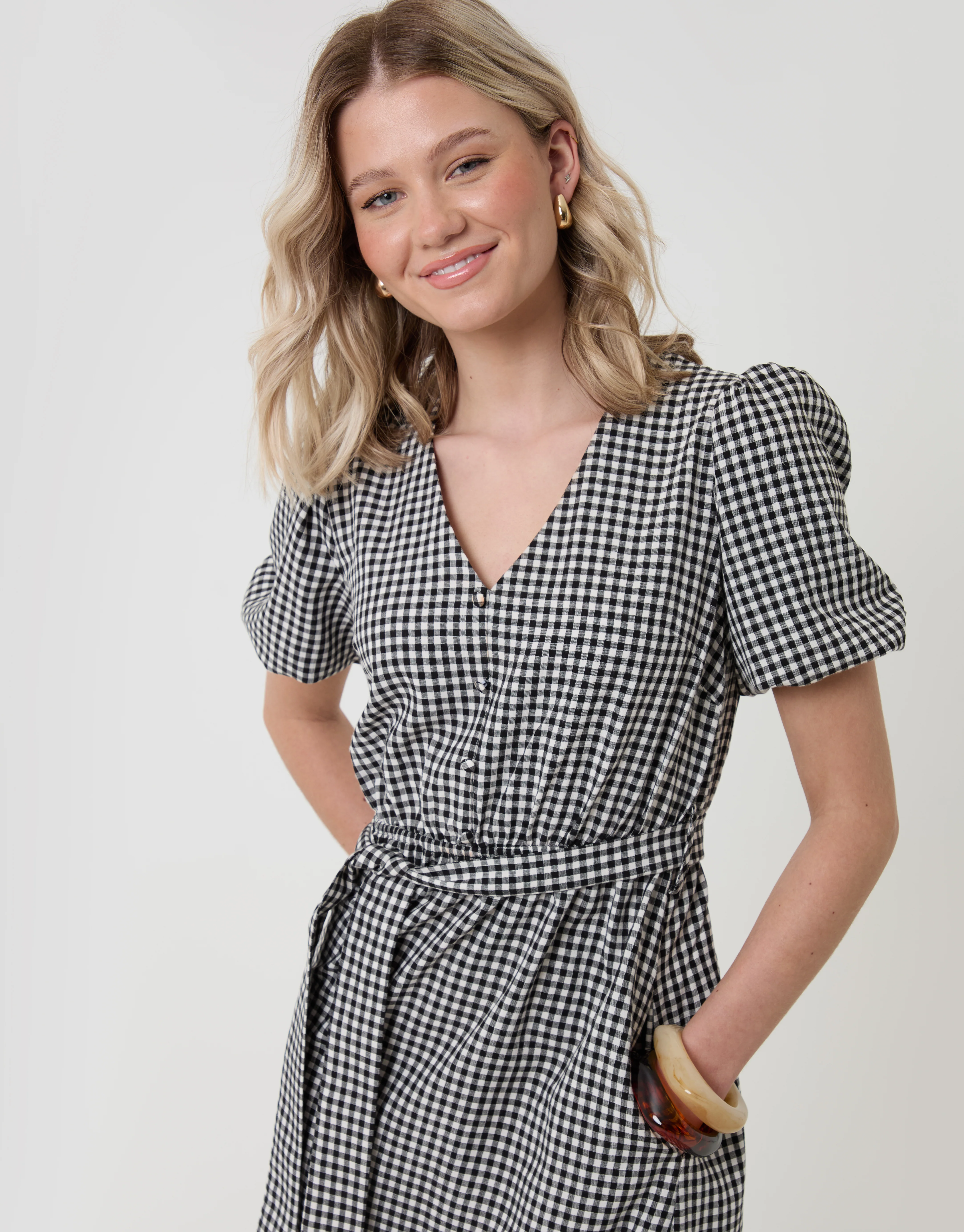 Tiered Hem Puff Sleeve Maxi Dress in Mono Gingham - Image 4