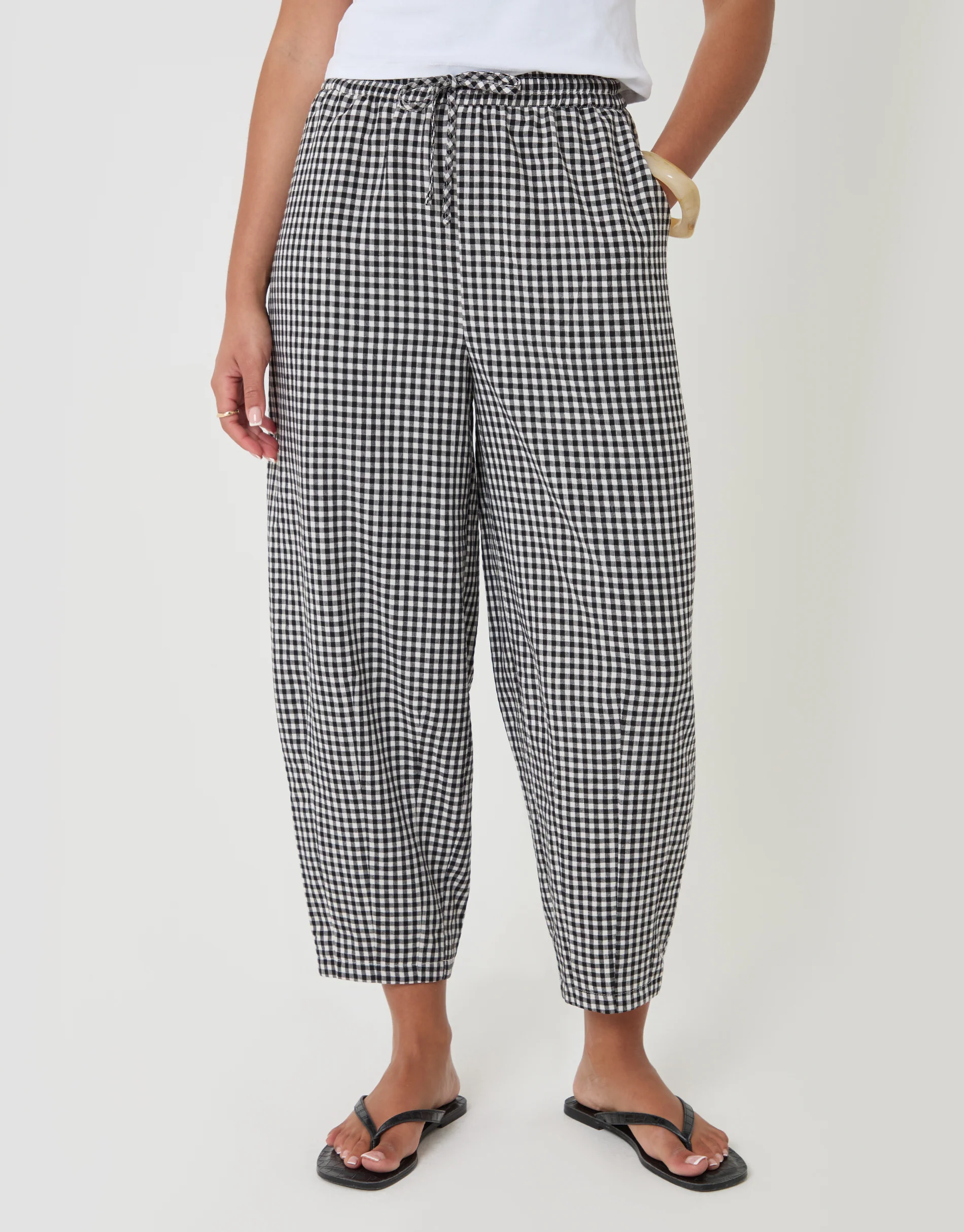High Waisted Barrel Leg Trousers in Mono Gingham - Image 2