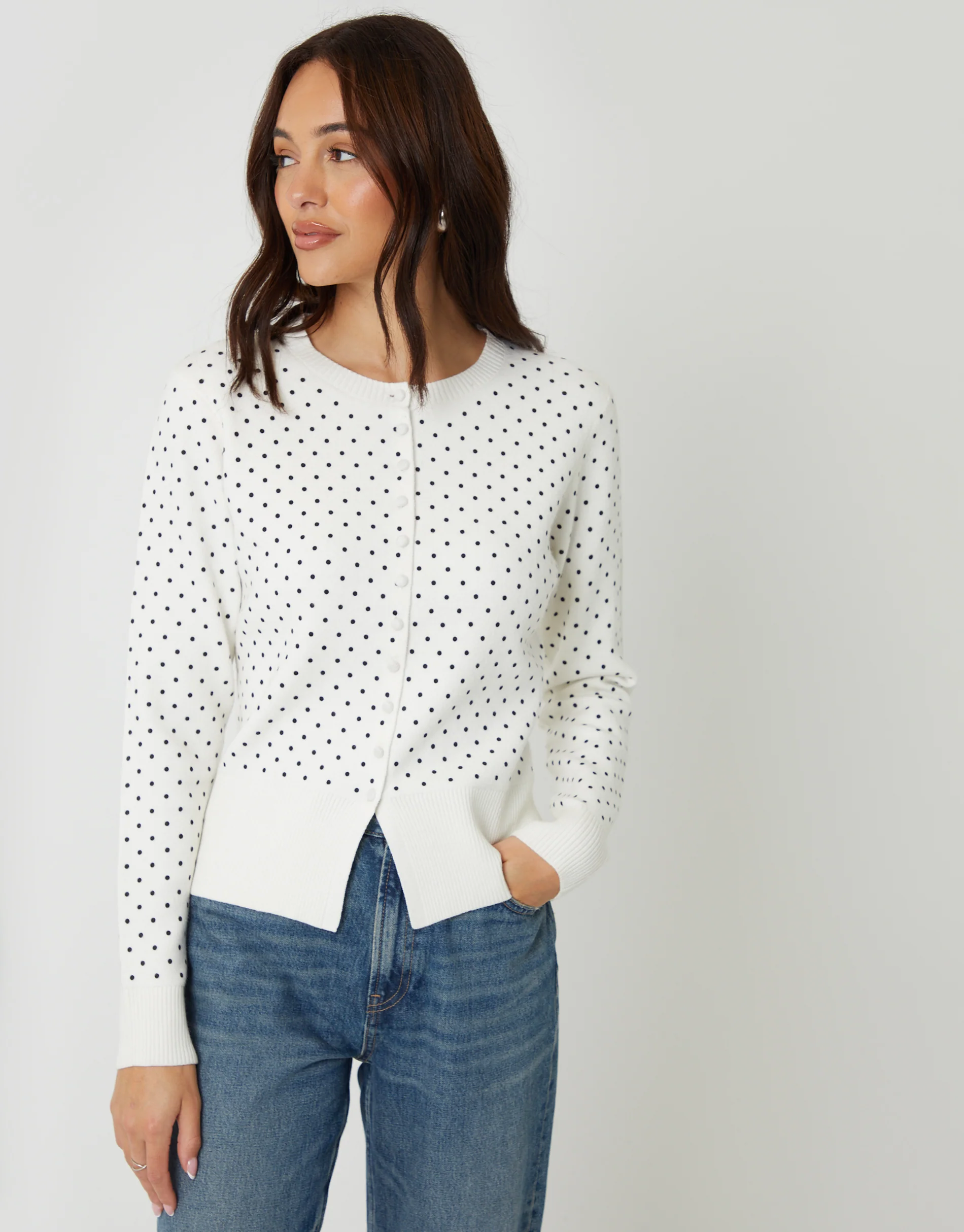 White Compact Knitted Cardigan in Mono Polka Dot - Image 3