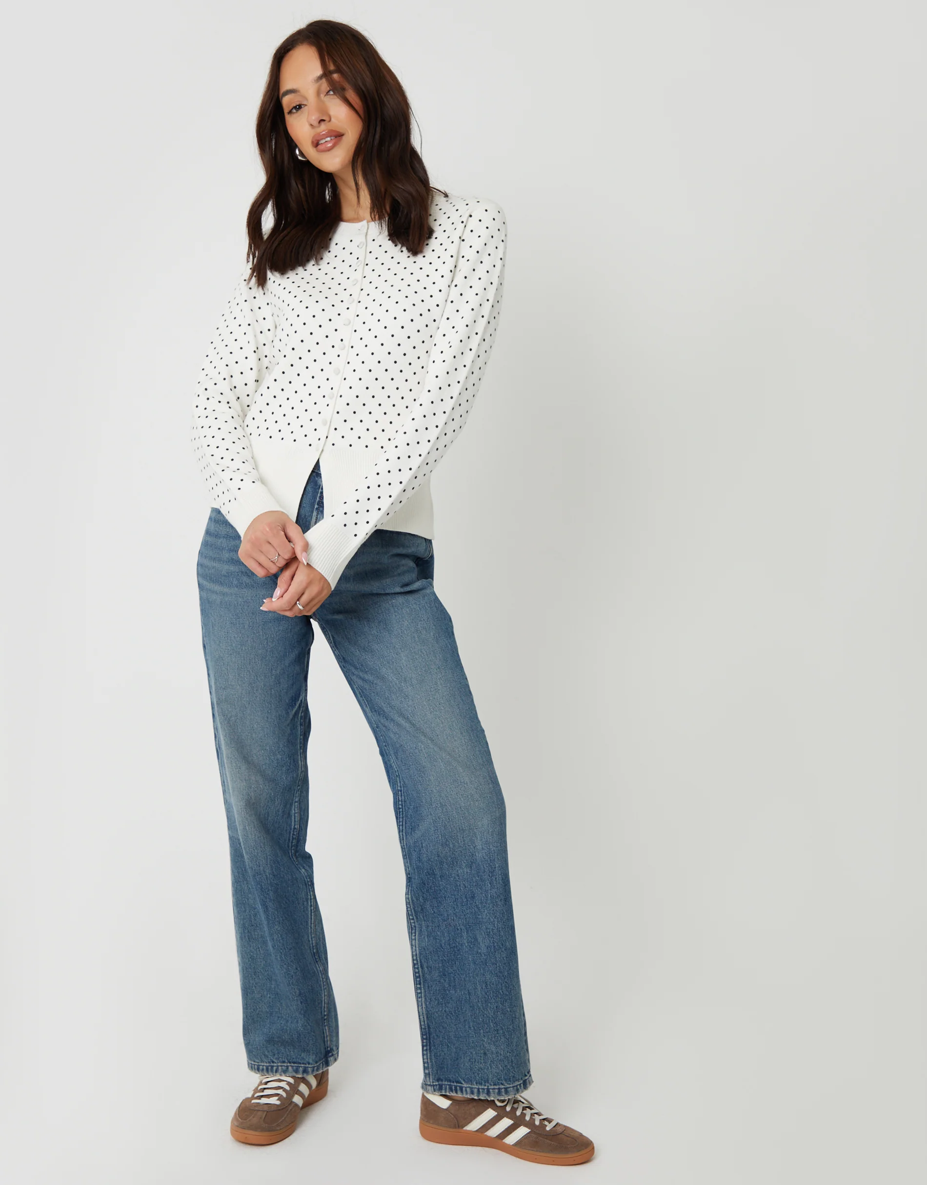 White Compact Knitted Cardigan in Mono Polka Dot - Image 4