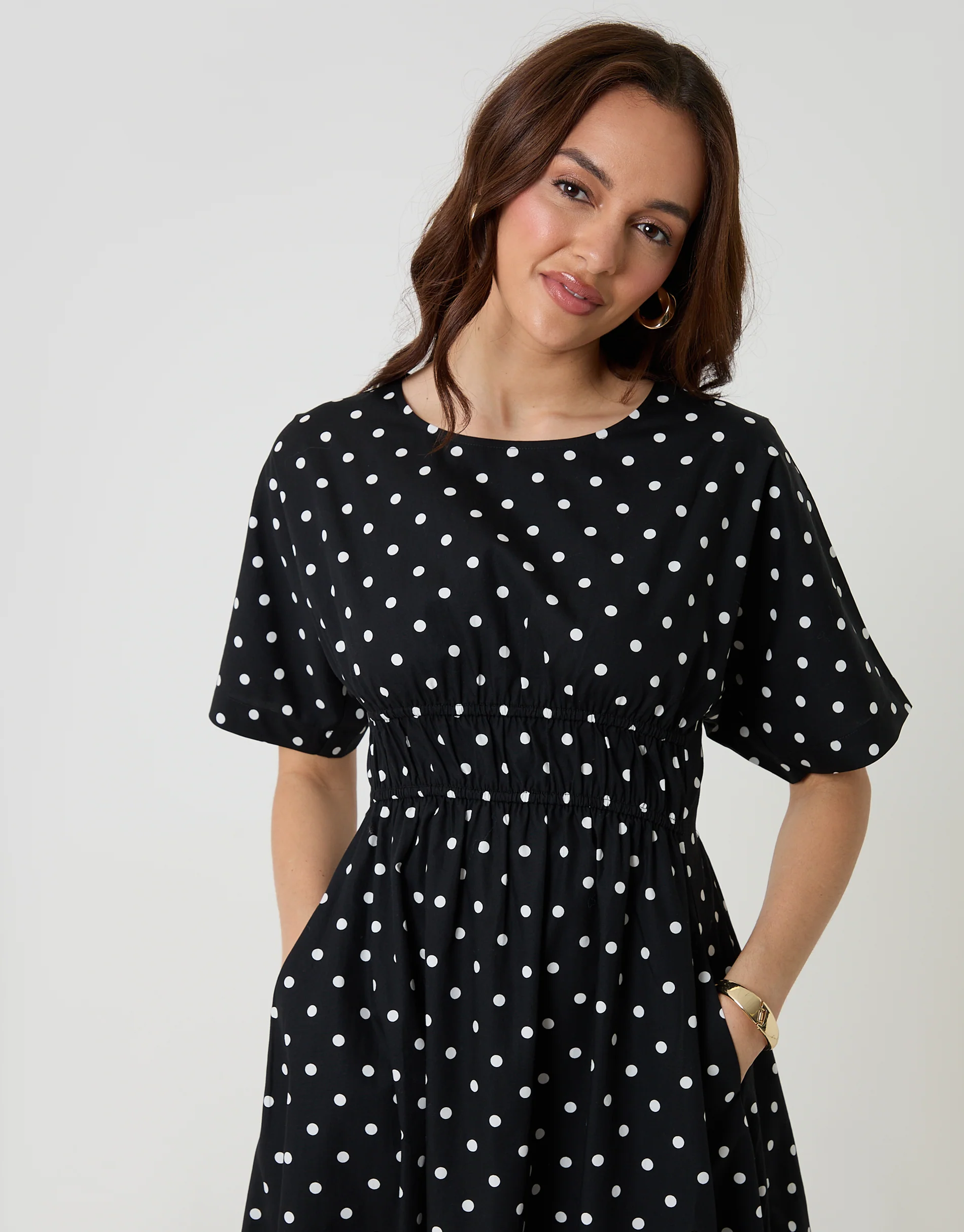 Elasticated Waist Cotton Poplin Midi Dress in Black Polka Dot - Image 2