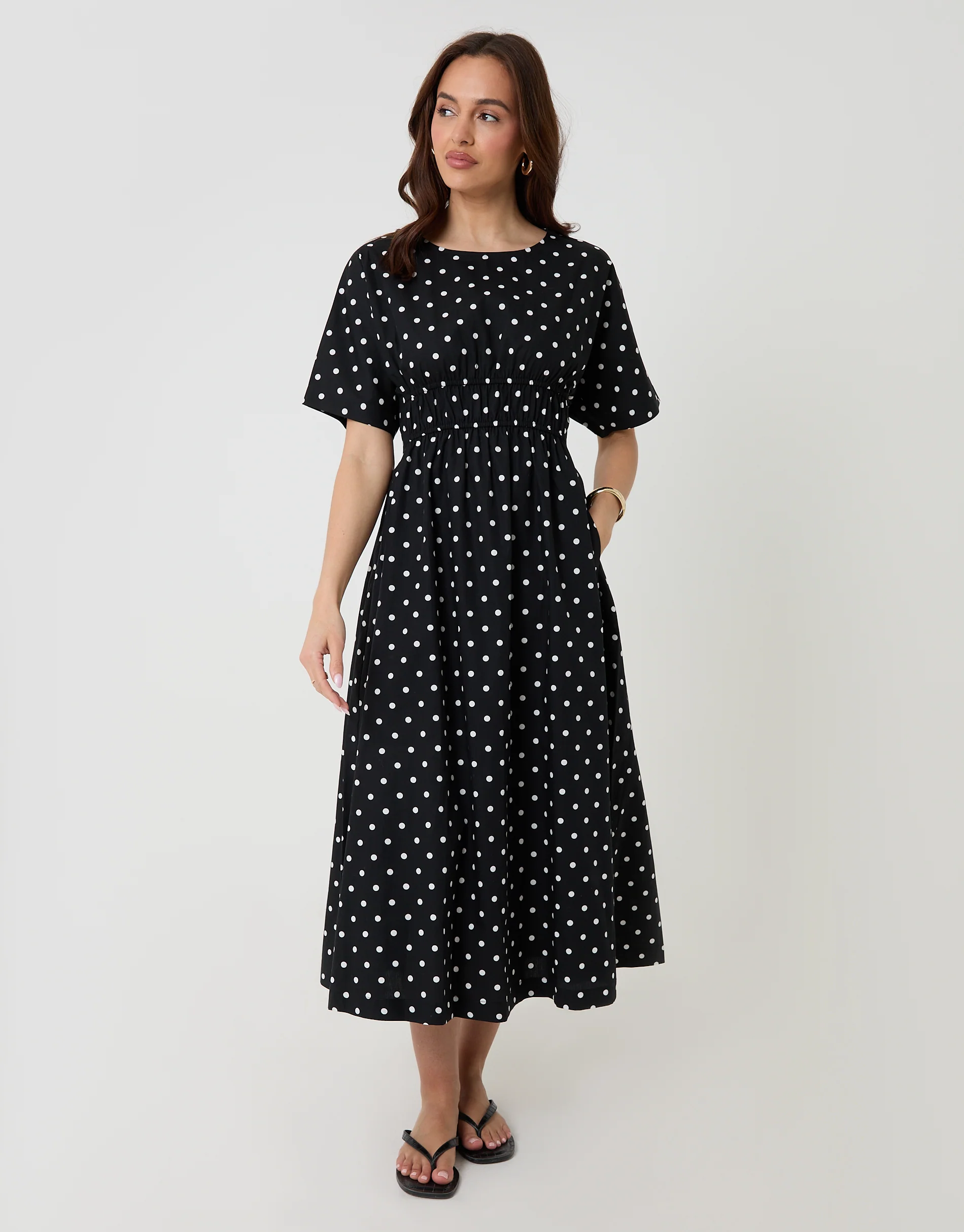 Elasticated Waist Cotton Poplin Midi Dress in Black Polka Dot - Image 3