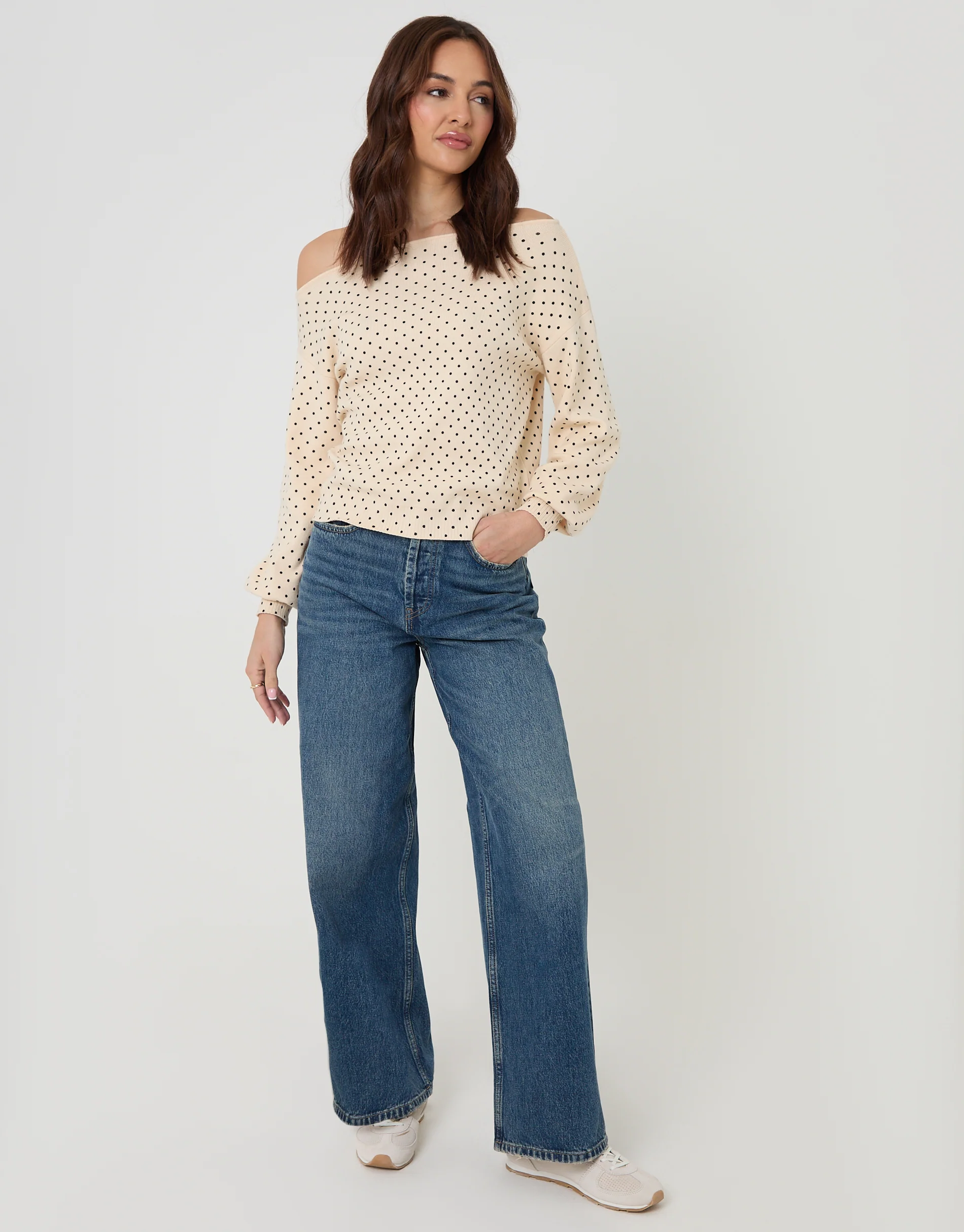 Soft Slash Neck Jumper in Mono Polka Dot - Image 4