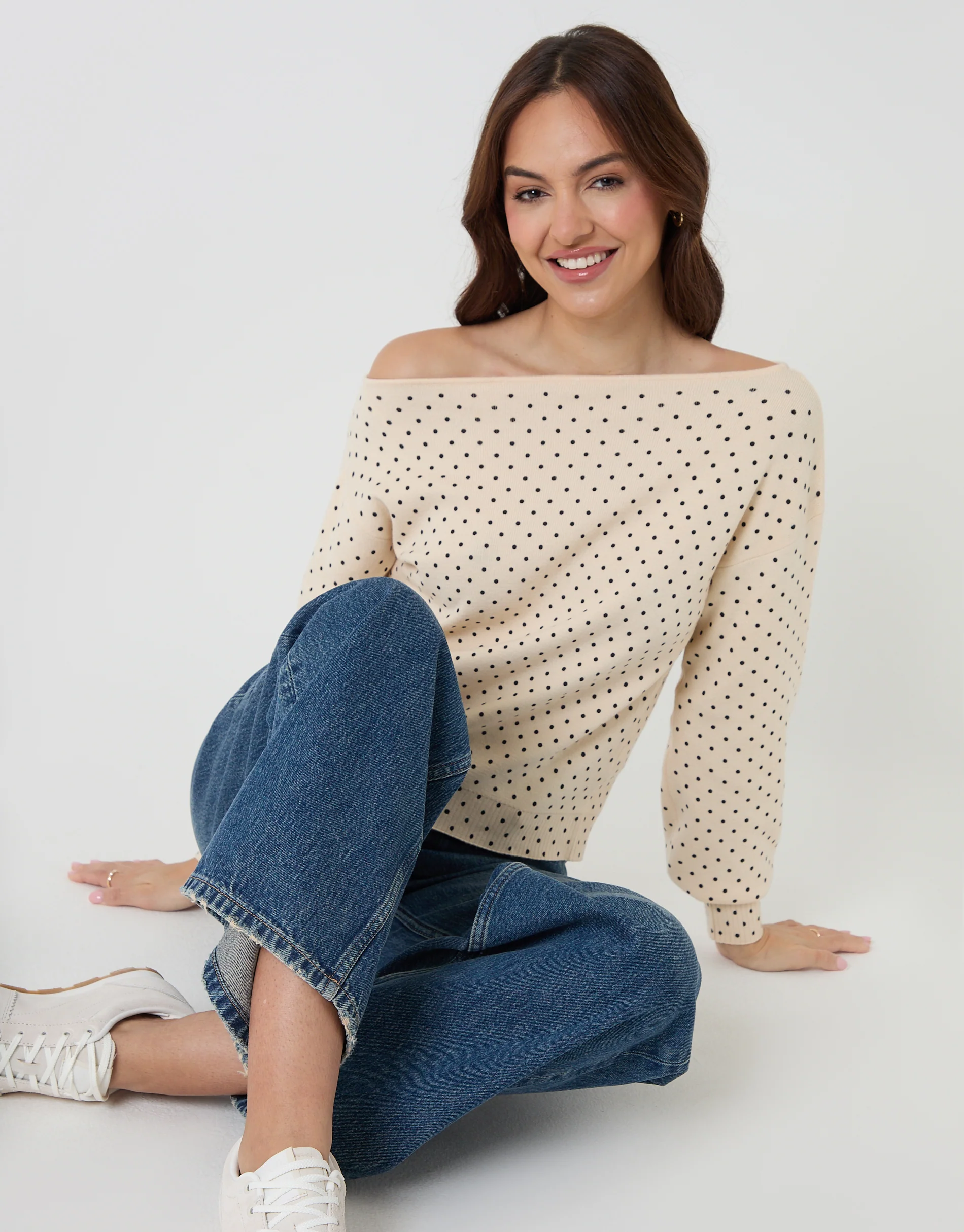 Soft Slash Neck Jumper in Mono Polka Dot - Image 5