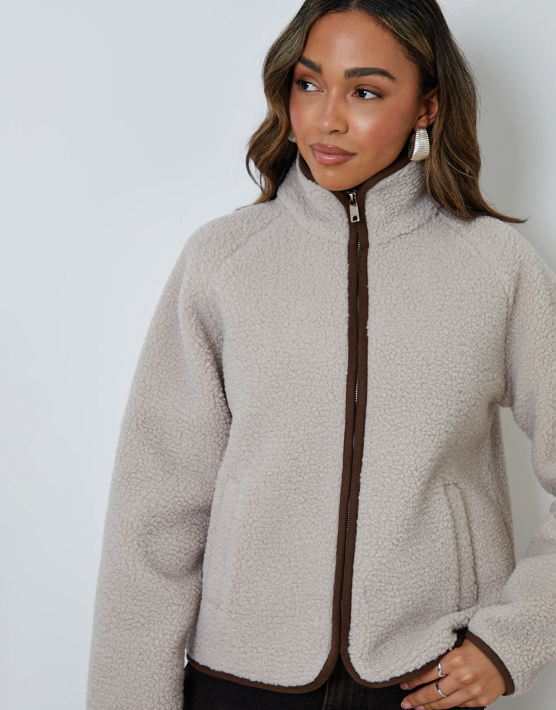 Zip Through Collared Borg Fleece in Mushroom Brown - Image 2