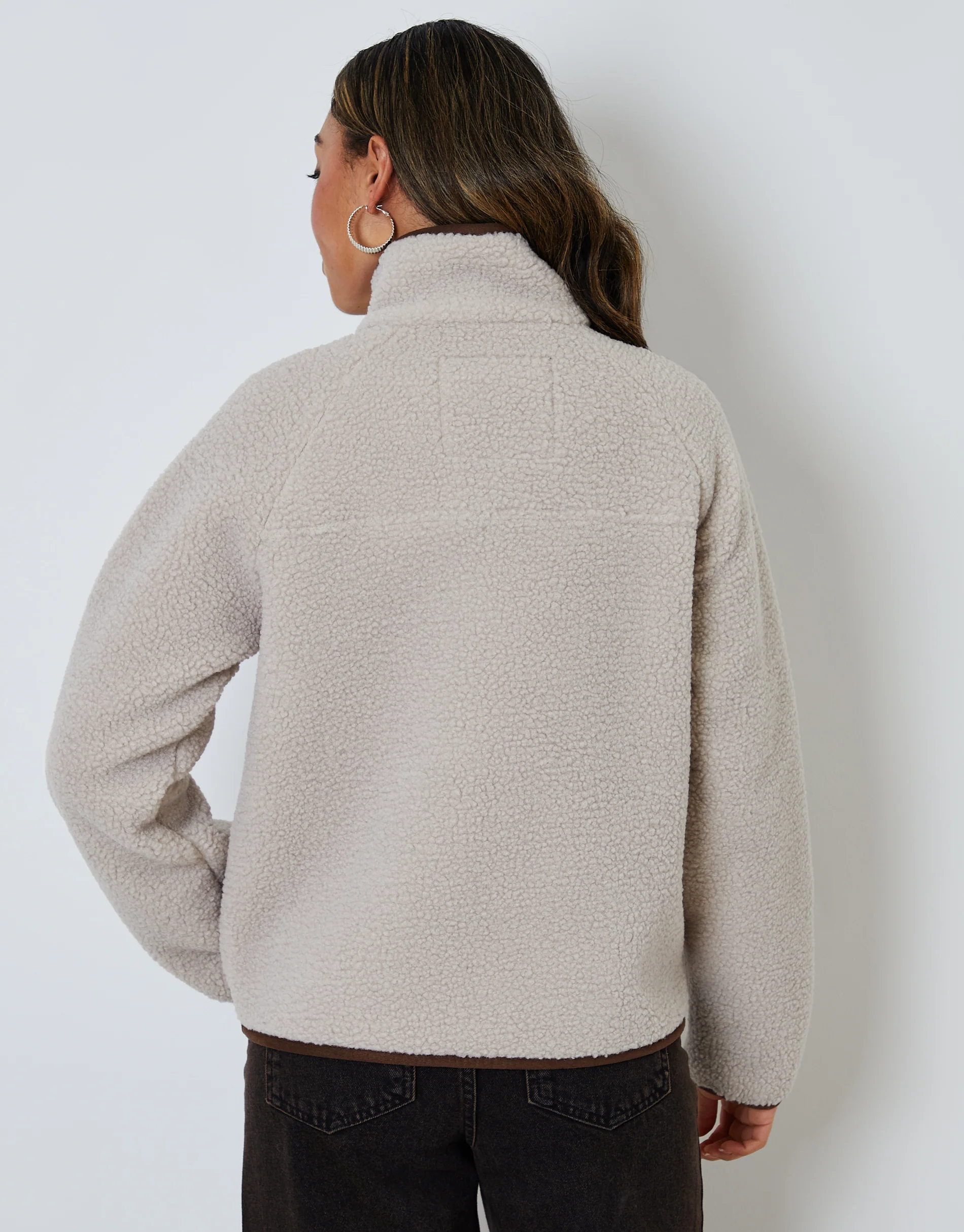 Zip Through Collared Borg Fleece in Mushroom Brown - Image 3