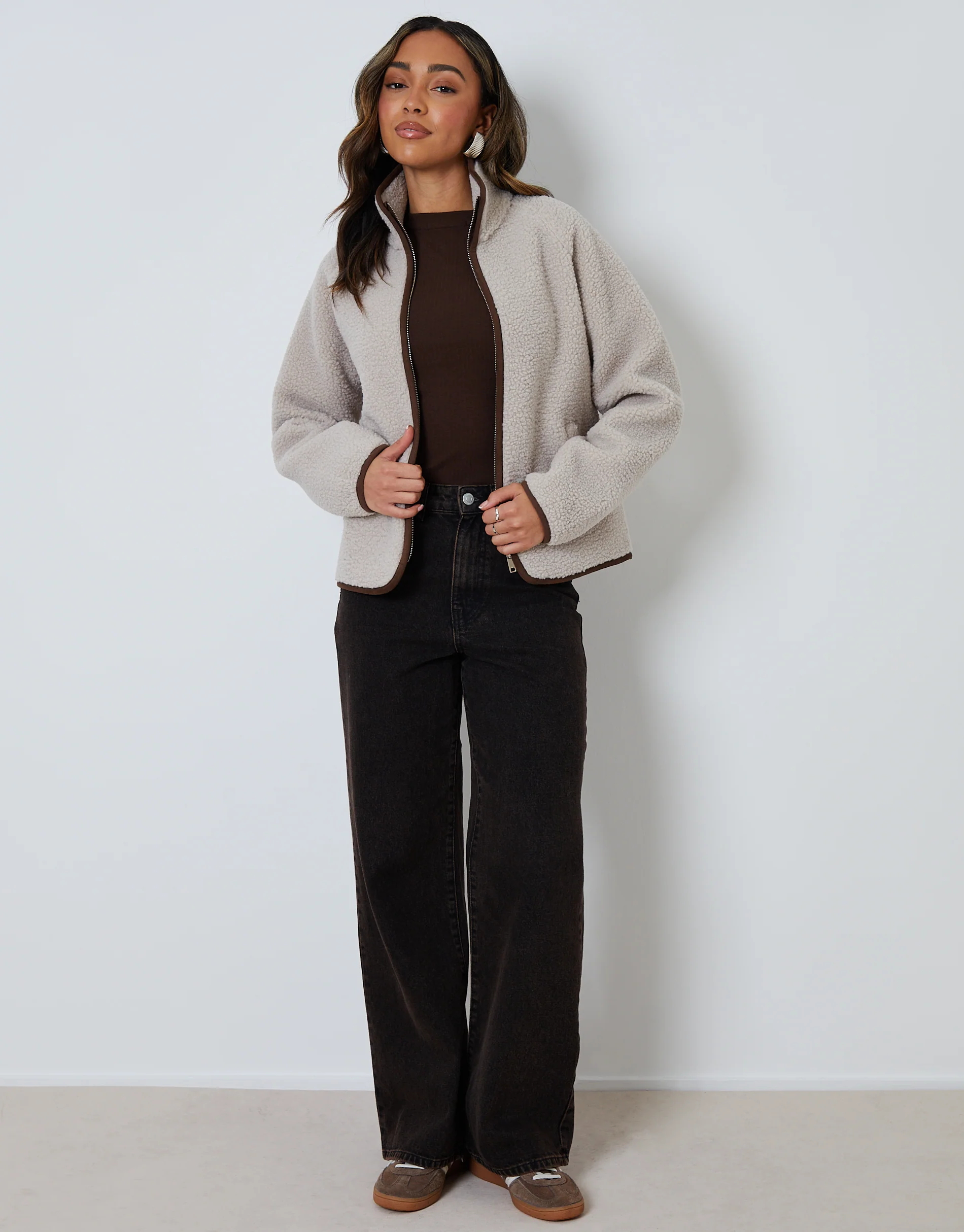 Zip Through Collared Borg Fleece in Mushroom Brown - Image 4