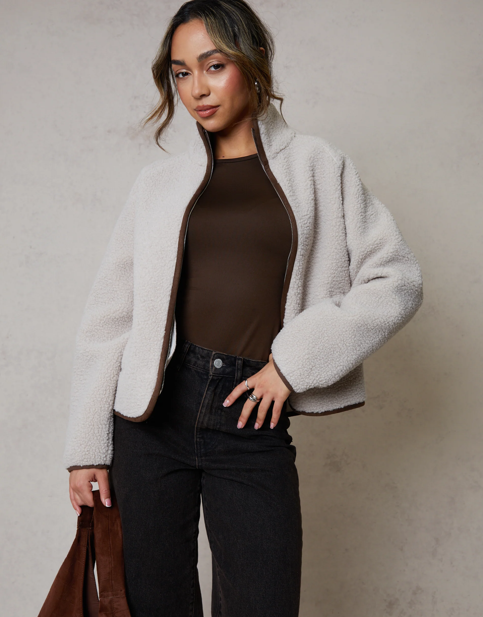 Zip Through Collared Borg Fleece in Mushroom Brown - Image 5