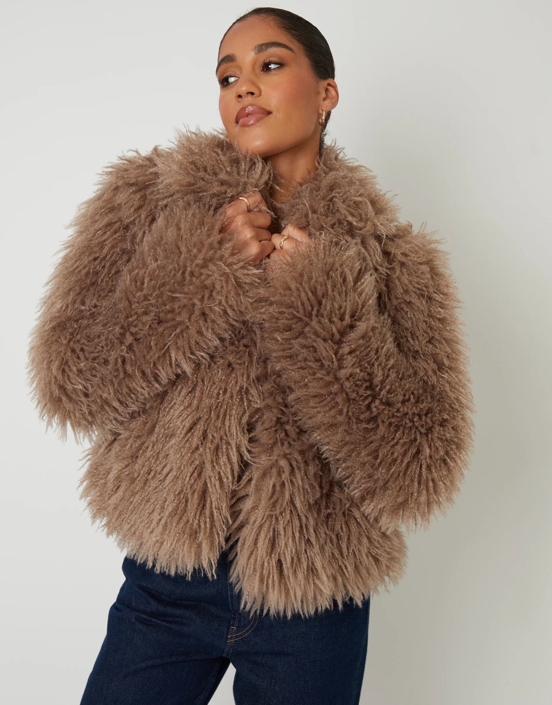 Collared Faux Fur Coat in Mushroom