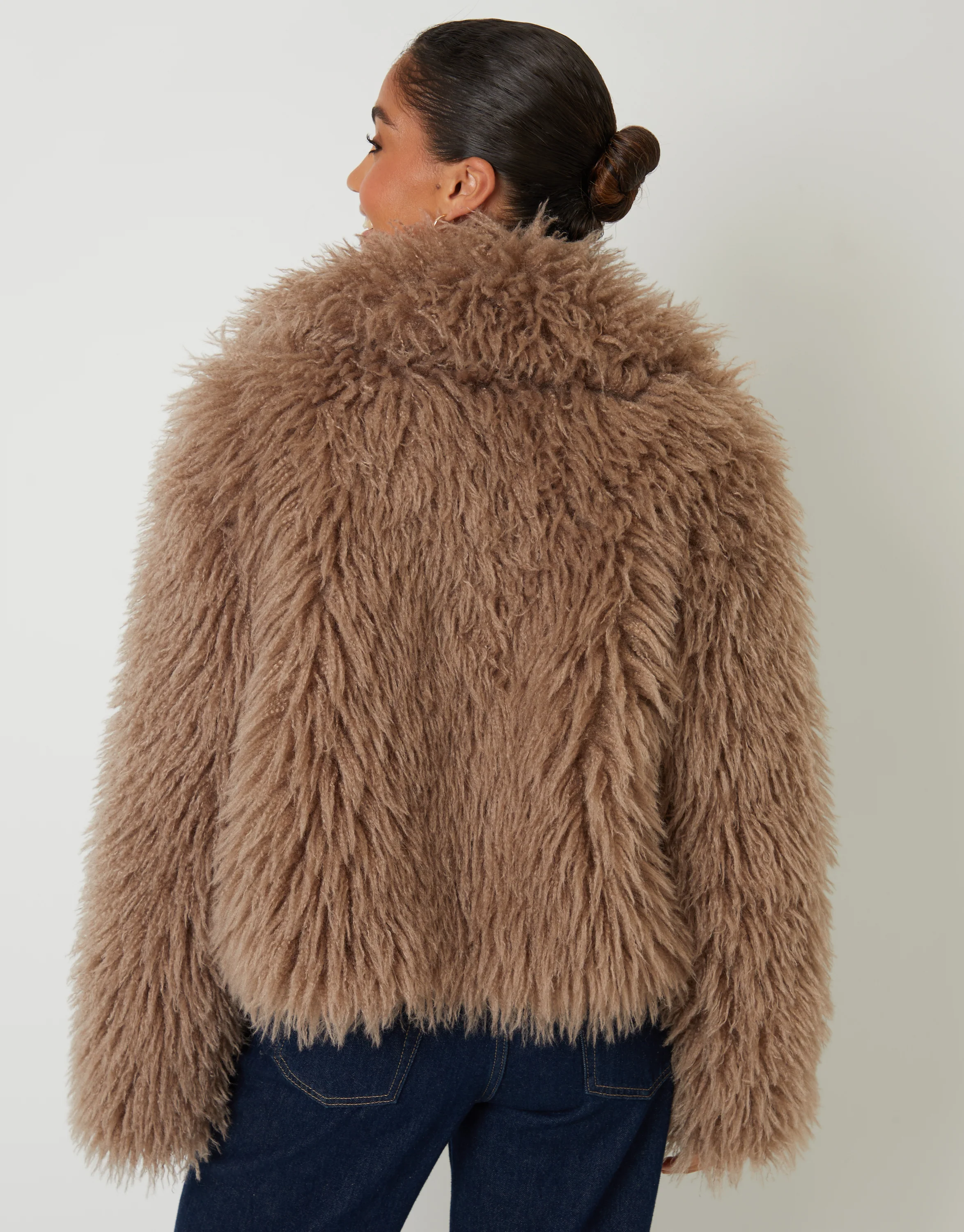 Collared Faux Fur Coat in Mushroom - Image 3